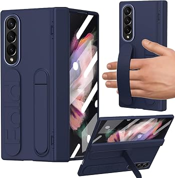 for Samsung Galaxy Z Fold 3 Case with Wrist Strap, Fold3 Hand Strap Case with Kickstand Hinge Protection Screen Protector Raised Edge Protection Wrsitband Cover for Z Fold 3 Blue