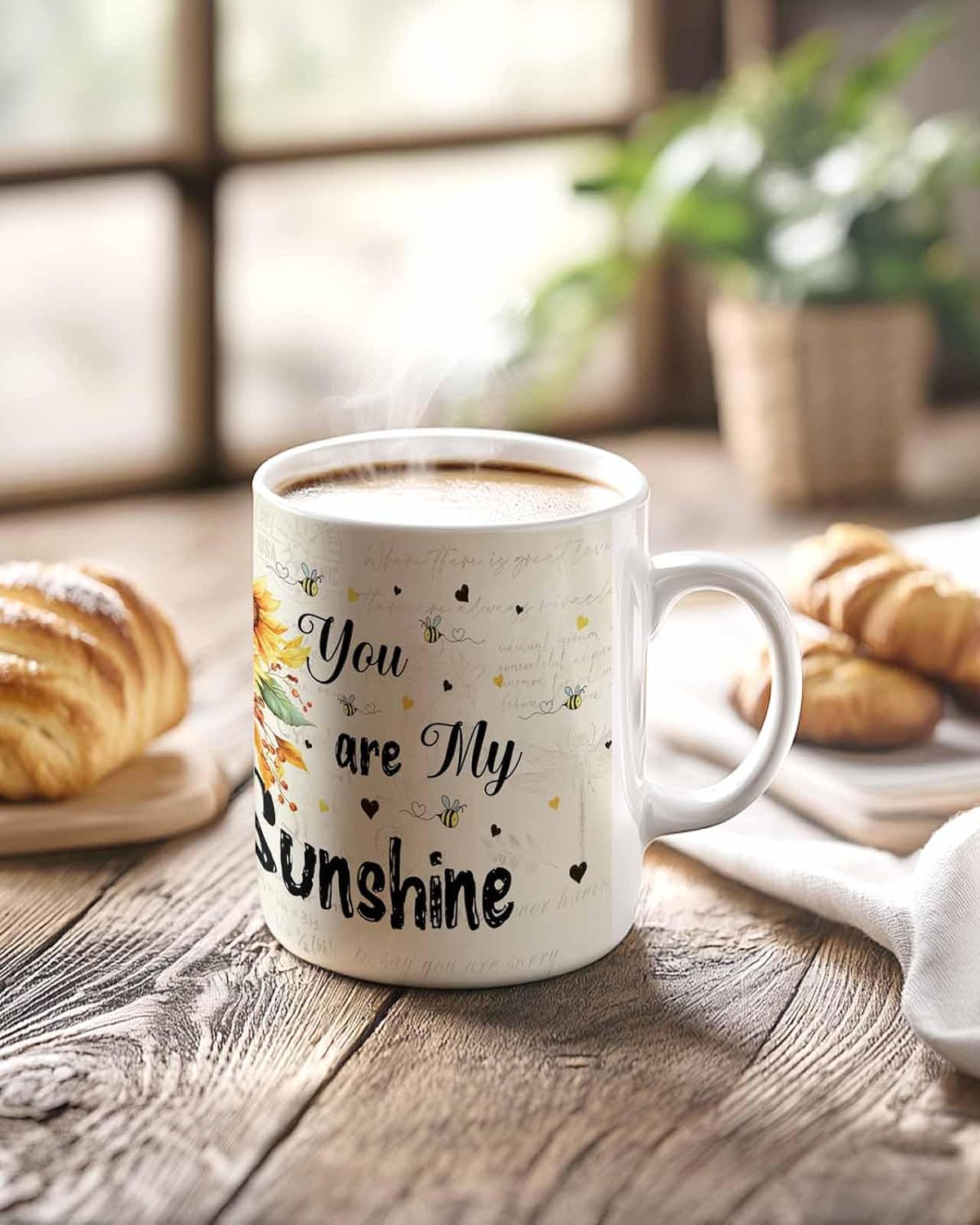 BEMIGO Ceramic Coffee Mug Farmhouse Sunflower Bee Ceramic Mug White Cup, Vintage Insulated Coffee Cup with Handle with Pattern Perfect for Tea and Hot Beverages, 12oz