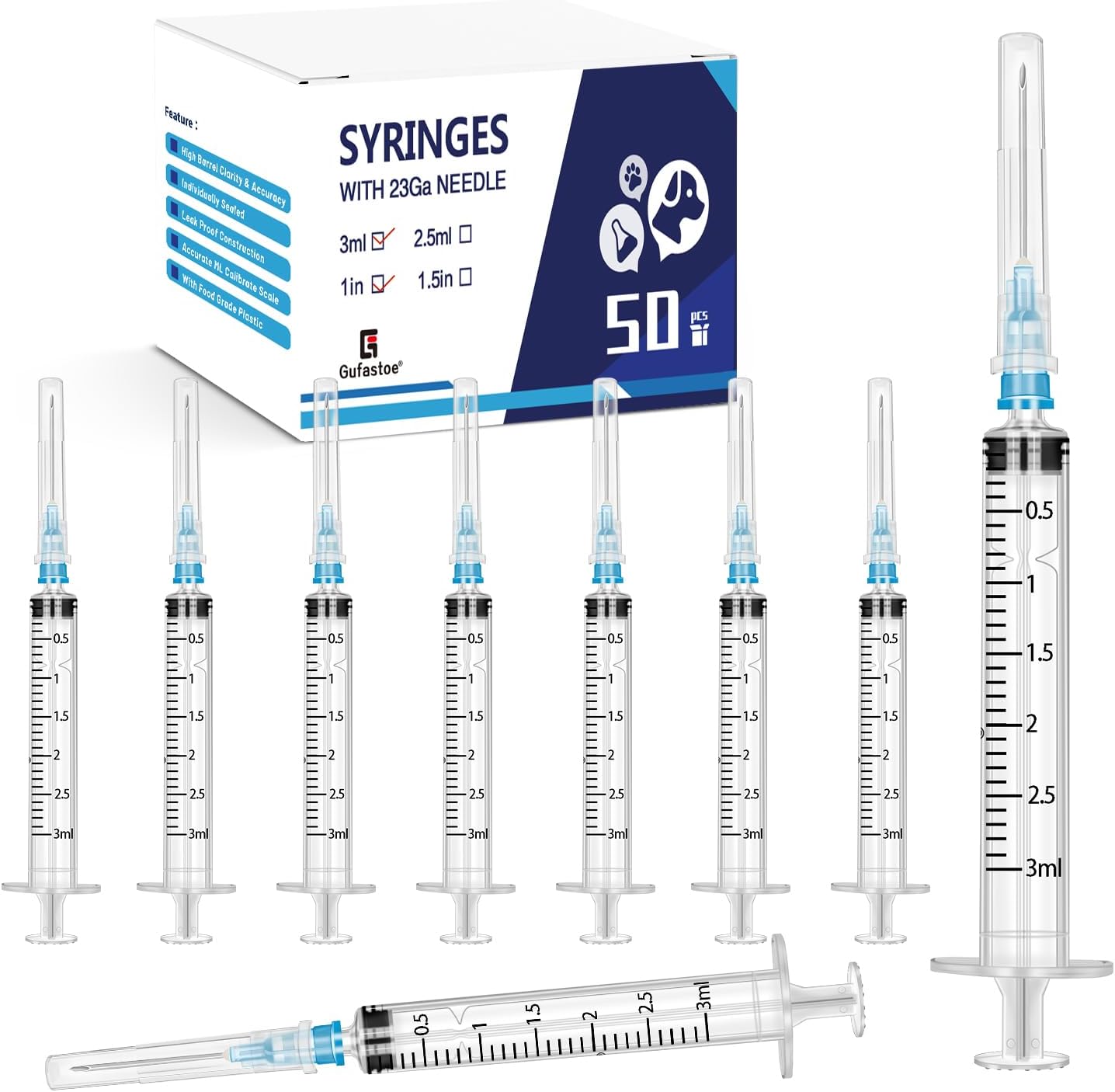 50Pack 3ml/cc with 23 G 1” Safety Luer-Slip Individually Wrapped