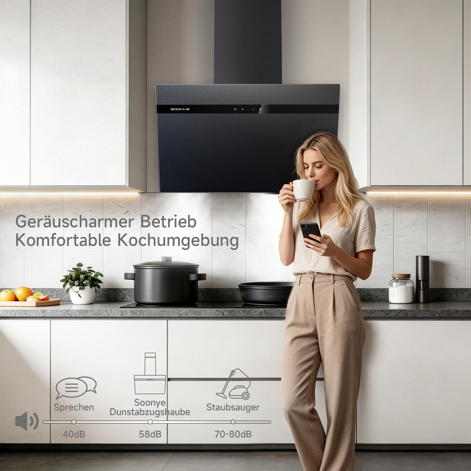 A+++ Dunstabzugshaube 60cm Umluft Kopffrei Schräghaube 380 m³/h Gestensteuerung Touchscreen Abluft Wandmontage Schwarz Mattglas