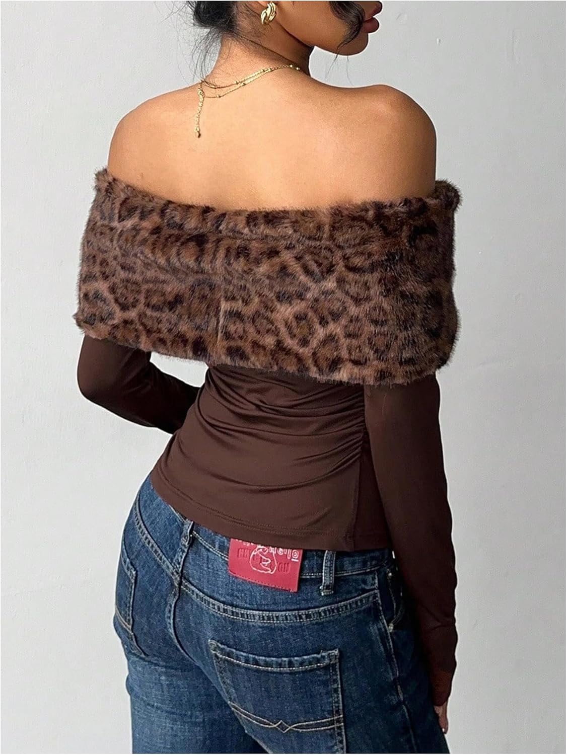MakeMeChic Women's Cheetah Print Faux Fur T Shirt Off The Shoulder Ruched Y2k Club Crop Tops - Image 2