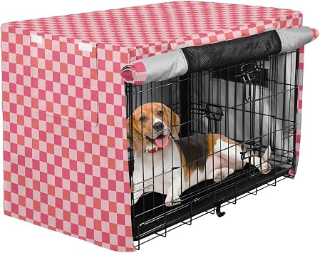 Cover for Dog Crate Plaid Checkered Pets Kennel Cover Rollers Shades Hot Pink