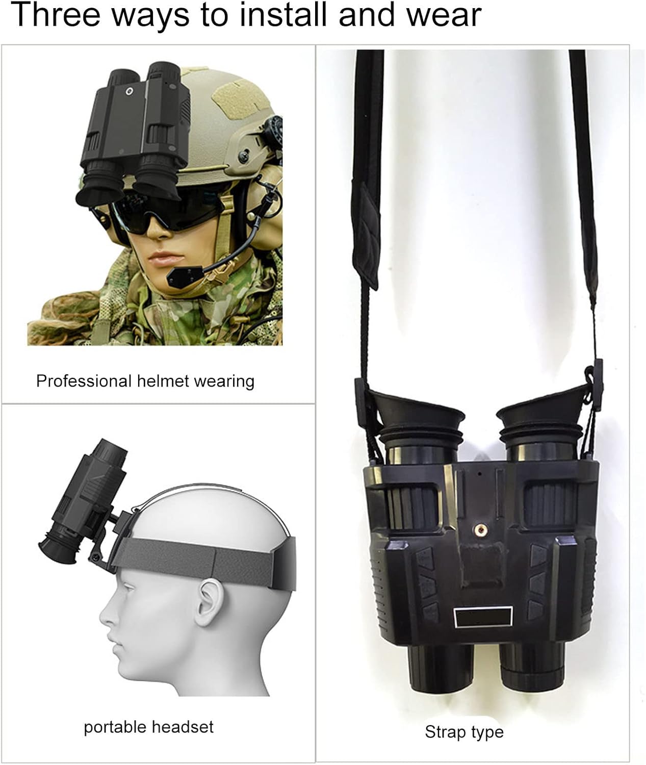 Diagram showing three ways to wear the night vision goggles: professional helmet wearing, portable headset, and strap type.