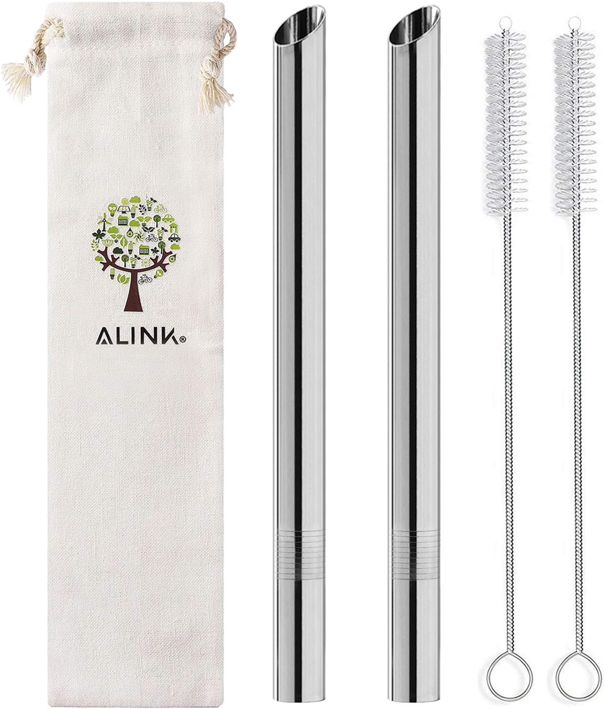 [Pointed Design] ALINK Reusable Metal Boba Straws, 1/2" Wide Stainless Steel Smoothie Straws for Bubble Tea/Tapioca Pearl, 2 Straws + 2 Cleaning Brush + 1 Case