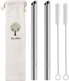 ALINK Reusable Boba Straws, 1/2" Wide Stainless Steel Metal Smoothie Straws for Bubble Tea/Tapioca Pearl, 2 Straws + 2 Cleaning Brush + 1 Case-Silver