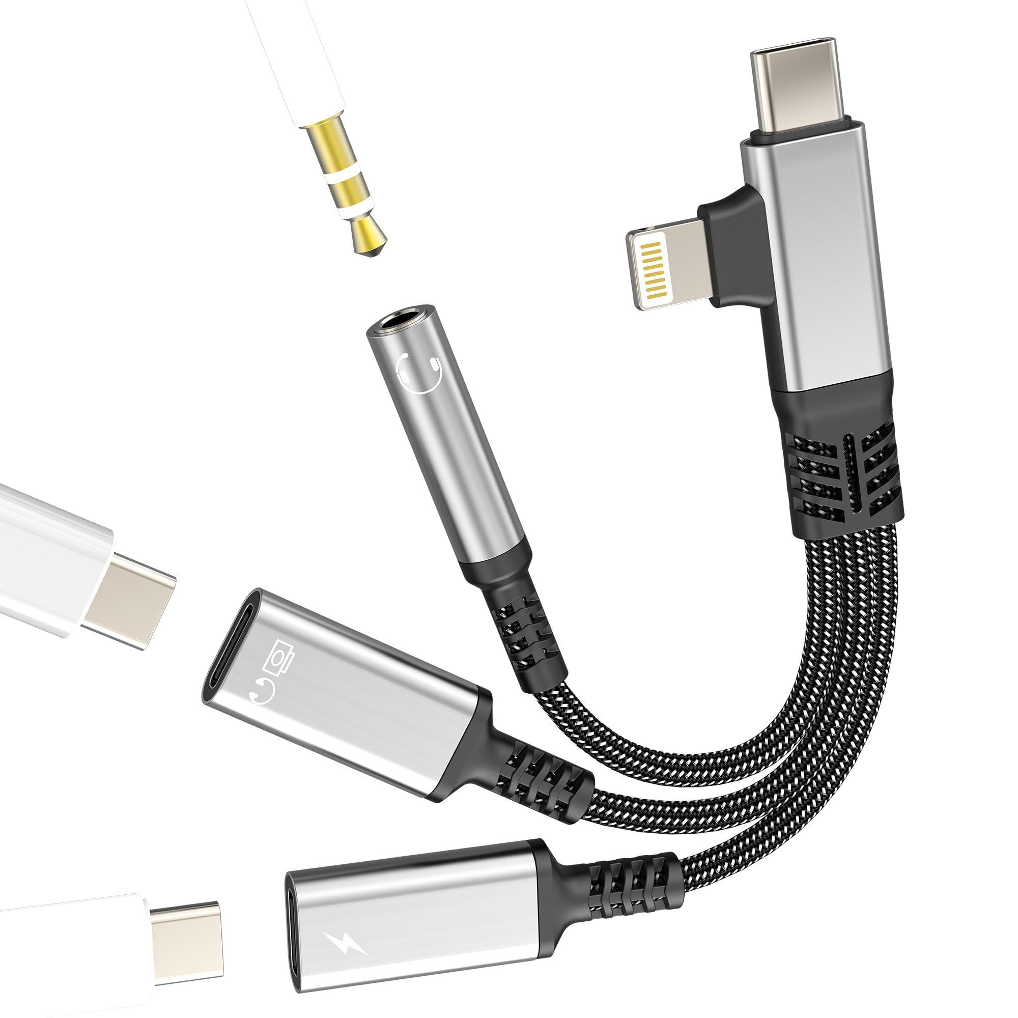 Lightning USB C Splitter(3in2) Type C OTG Data Headphone 3.5mm Audio Jack Adapter for iPhone 17 16 15 14 Aux Dongle Charger for IPad Dual Charging Car Lighting Dac Ear Compatible for Samsung