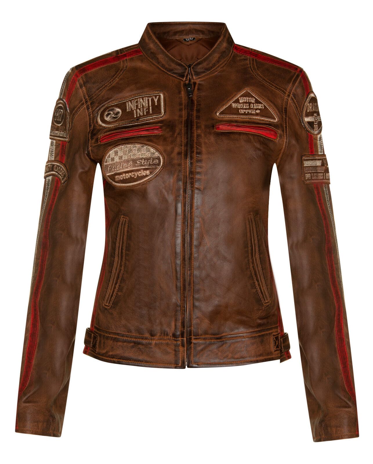 Infinity Leather Women's Tan Leather Biker Casual Racing Moto Badges Jacket