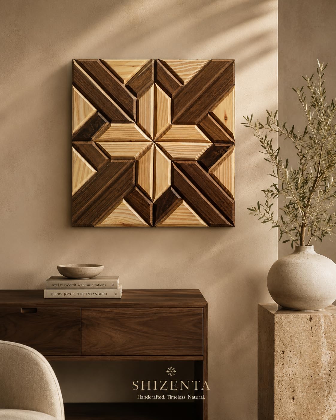 Shizenta Wooden Wall Decor Panel, Handmade Mosaic Wood Art Work | Geometric Star Pattern, Natural Wood Tones-image-28