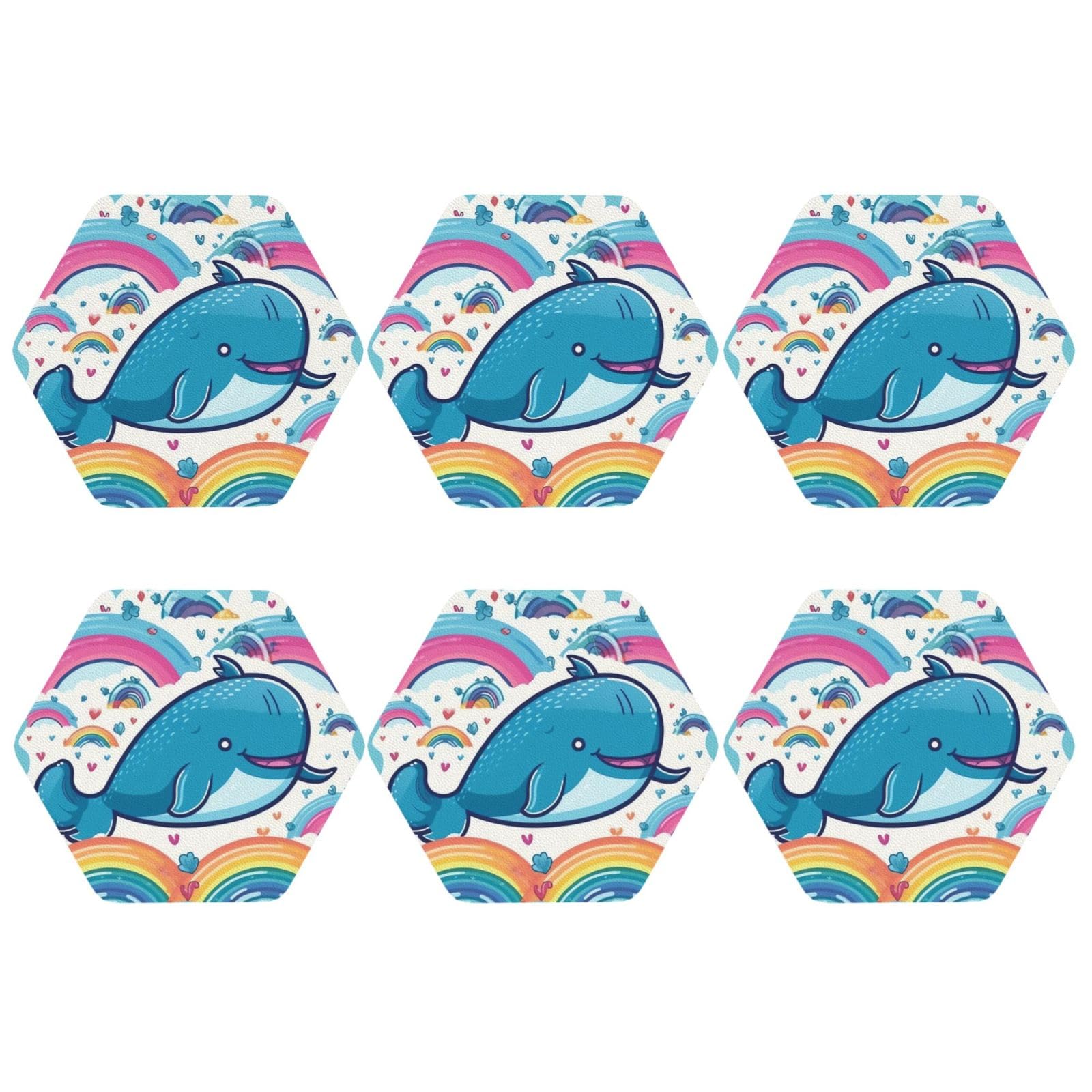 6pcs Leather Coasters for Drinks, Cartoon Whale and Rainbow Drink Coasters for Tabletop Protection, 4" Cup Coasters for Coffee Table Decor, Non-Slip Drinking Cup Mat for Hot Or Cold Drink