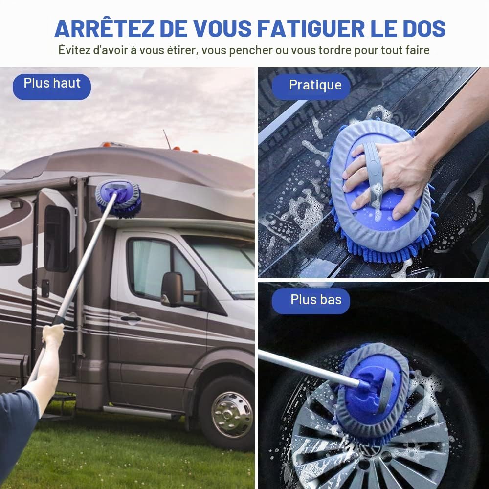 URAQT Brosse Lavage Voiture Télescopique, 160cm Nettoyage à Manche Long Vadrouille, 3en1 Microfibre Balai Pinceau, avec 2 têtes de Vadrouille et Un Chiffon en Microfibre, pour Véhicule Voiture Camion