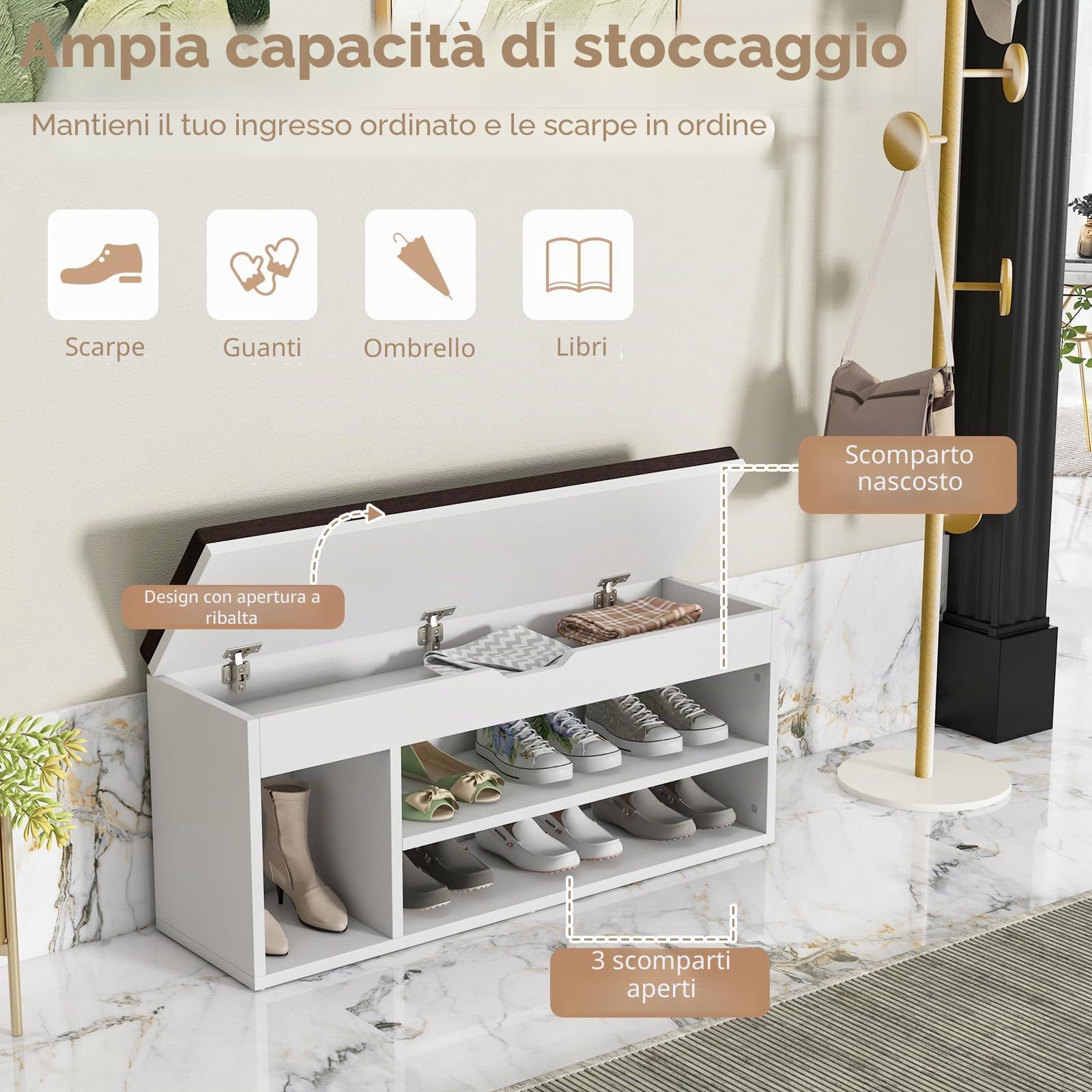 HOMASIS Scarpiera con Seduta Imbottita, Cassapanca Contenitore da Interno in Legno, Scaffale Portascarpe con 3 Scomparti e Cassetto per Ingresso, Corridoio, 104 x 30 x 48 cm (Grigio e Bianco)