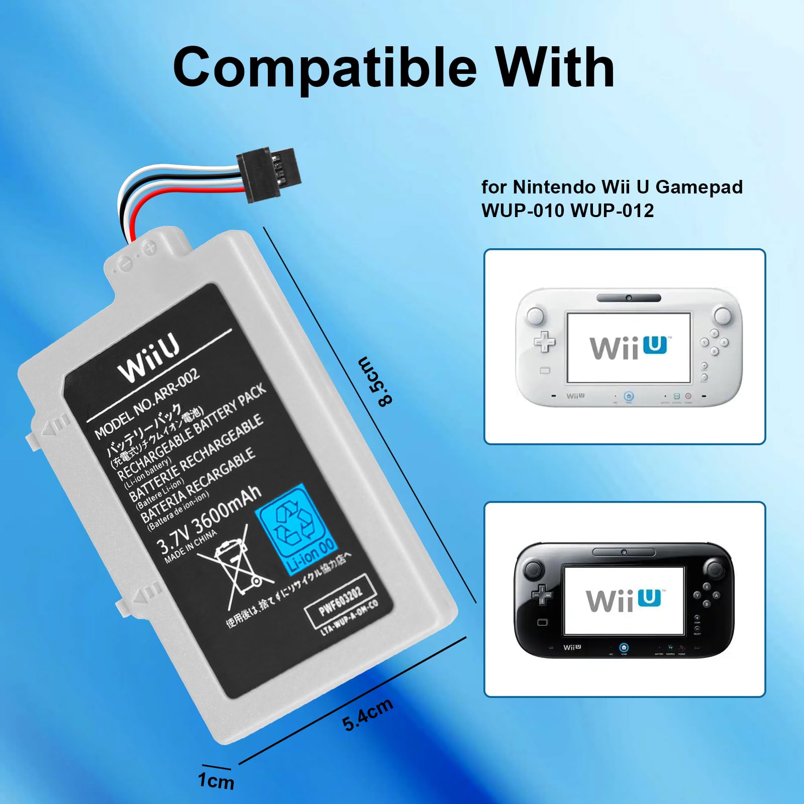 Batería para Wii U Gamepad, 3600 mAh, alta capacidad, paquete de batería de repuesto para Nintendo Wii U Gamepad WUP-010/WUP-012 con herramienta, 2 unidades