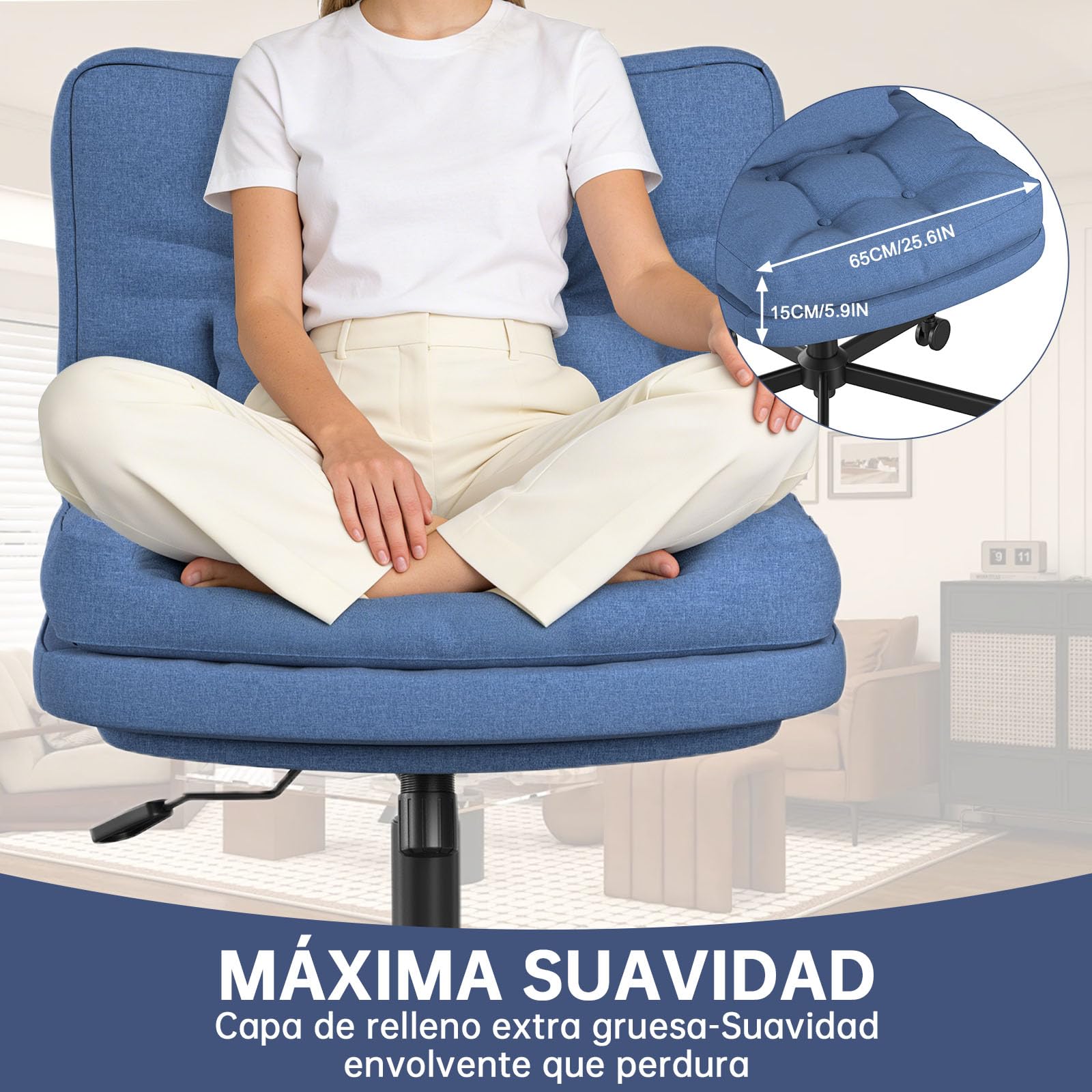 Silla Escritorio Ajustable en Altura Silla Oficina Ergonómica con Ruedas, Silla Tocador con Taburete de Almacenamiento, Silla Giratoria con cojín Grueso para Oficina, Estudio, Azul