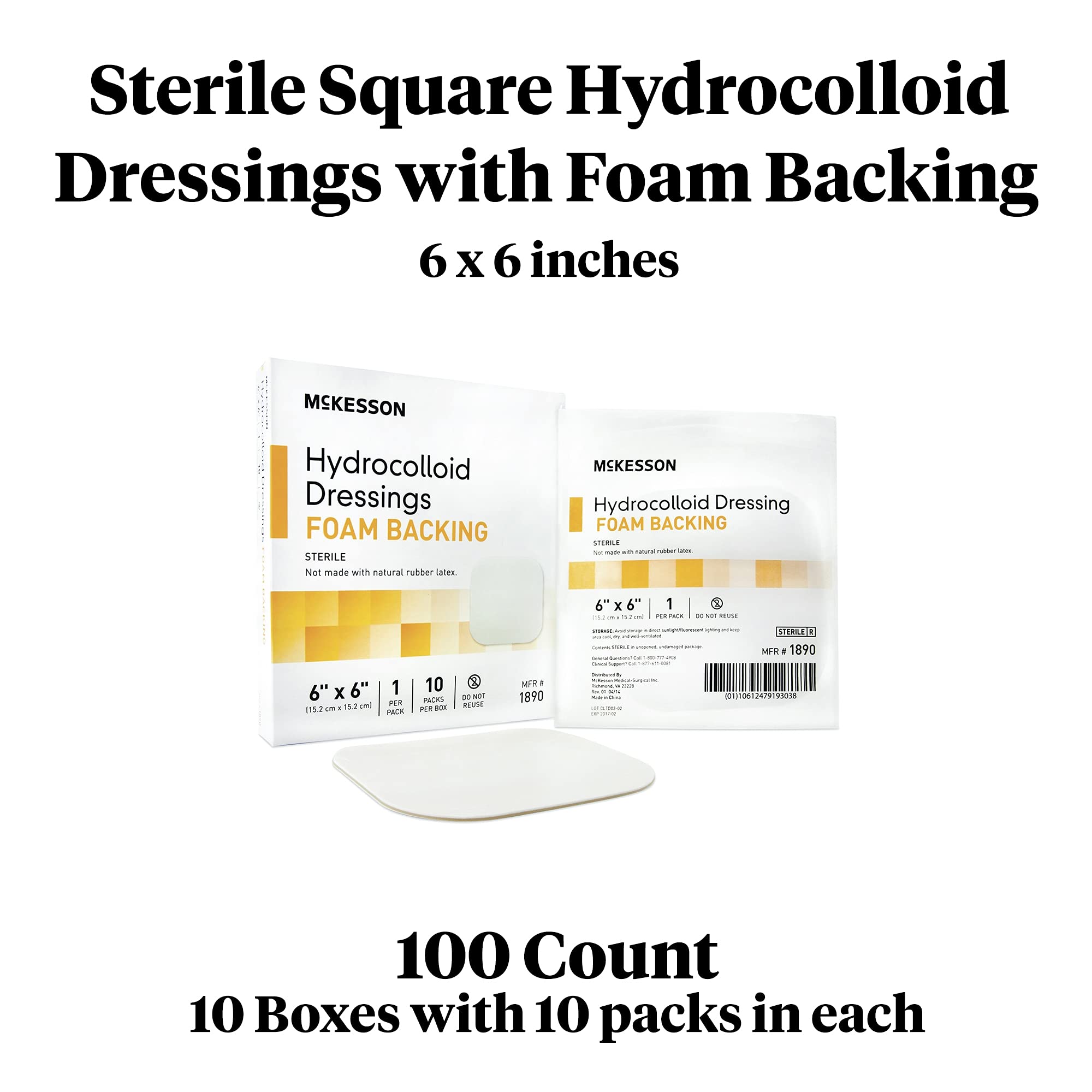 McKesson Hydrocolloid Dressing, Sterile, Foam Backing, 6 in x 6 in, 10 Count, 10 Packs, 100 Total