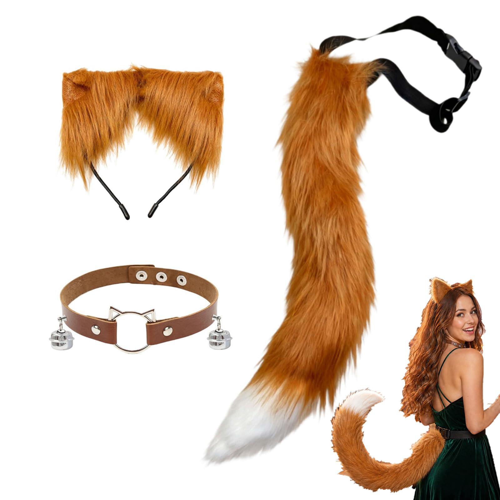 3 Pcs Fox Costume Accessory Set, with Fluffy Fox Tail & Ears Headband - Cute Animal Furry Costume for Family and Adults: Perfect for World Book Day, Halloween, Cosplay Parties, and Fancy Dress Events