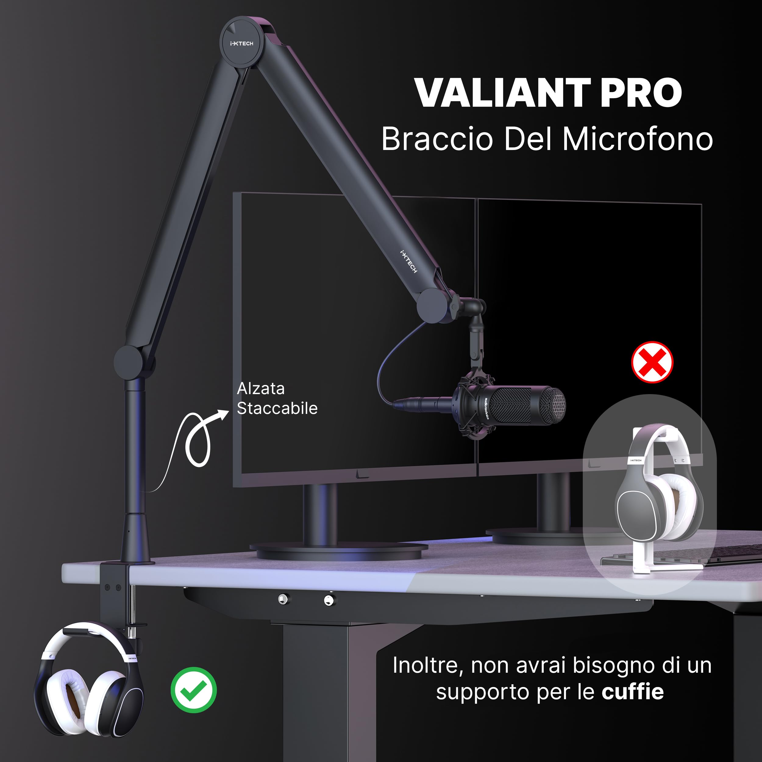 IXTECH Braccio per microfono girevole a 360° Braccio per microfono con supporto da scrivania completamente regolabile per podcast video radio registrazione in studio robusto e universale VALIANT Pro