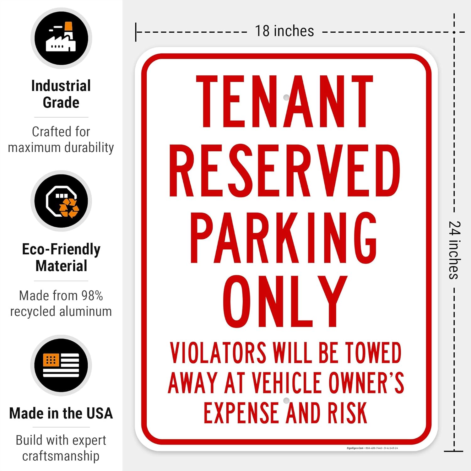 Tenant Reserved Parking Only Sign, 18x24 Inches, Rust Free .063 Aluminum, Fade Resistant, Easy Mounting, Indoor/Outdoor Use, Made in USA