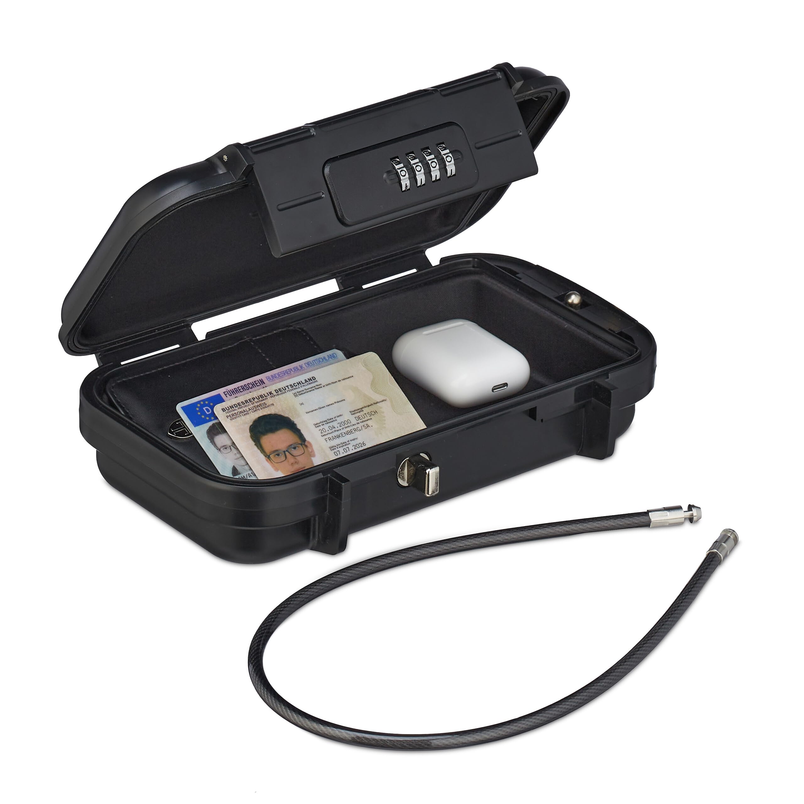 Relaxdays Cassetta di Sicurezza Portatile, con Combinazione e Cavo, Cassaforte da Auto, Acciaio, HLP 5,​5x24x15 cm, Nero