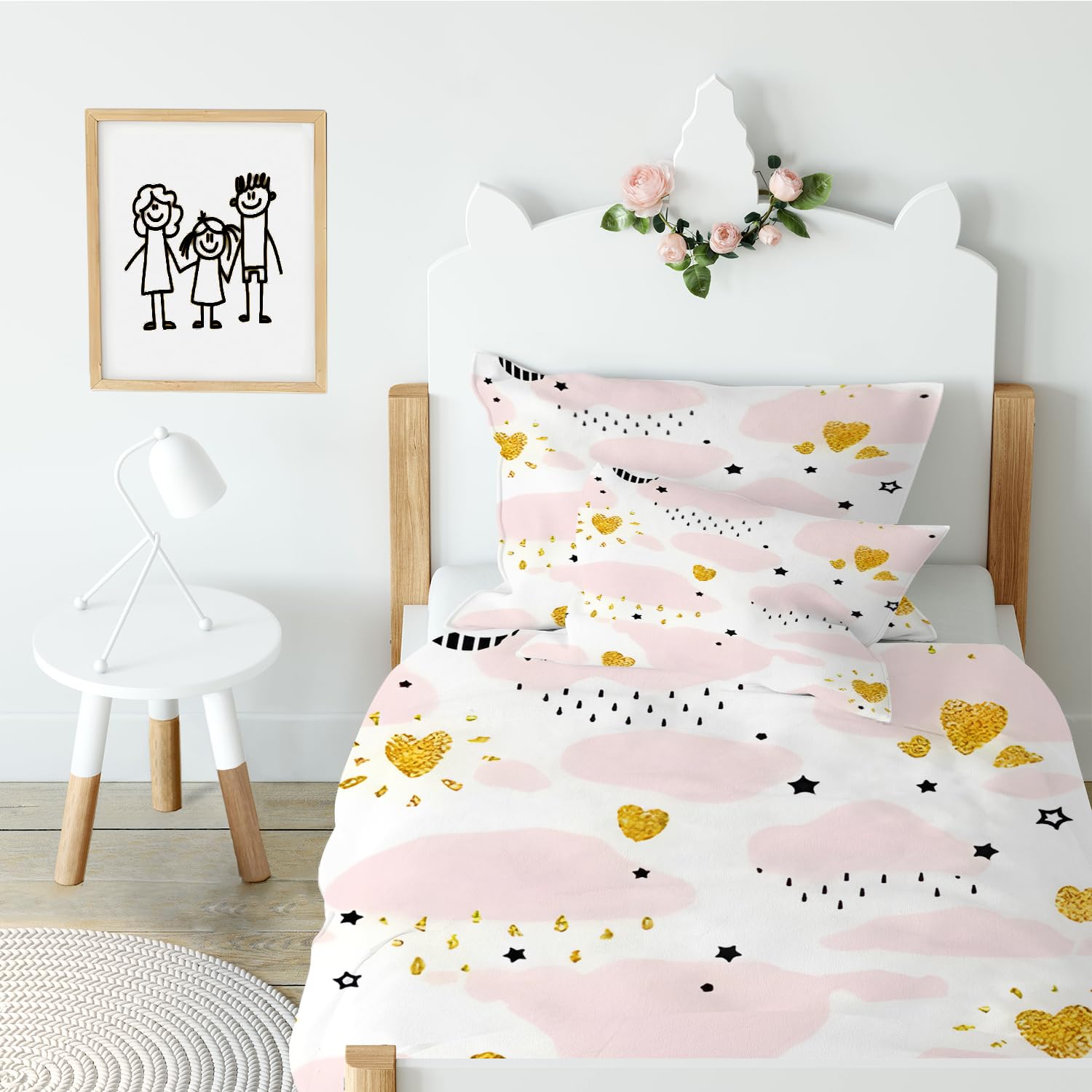 Parure de Lit pour Bébé Nuage Rose - Imprimée Mignonne Fille - Housse de Couette Enfant 100x135 cm en Microfiber + 2 Taie d'oreiller 40x60 cm pour Lit 60x120 ou 70x140 cm - Blanc Rose