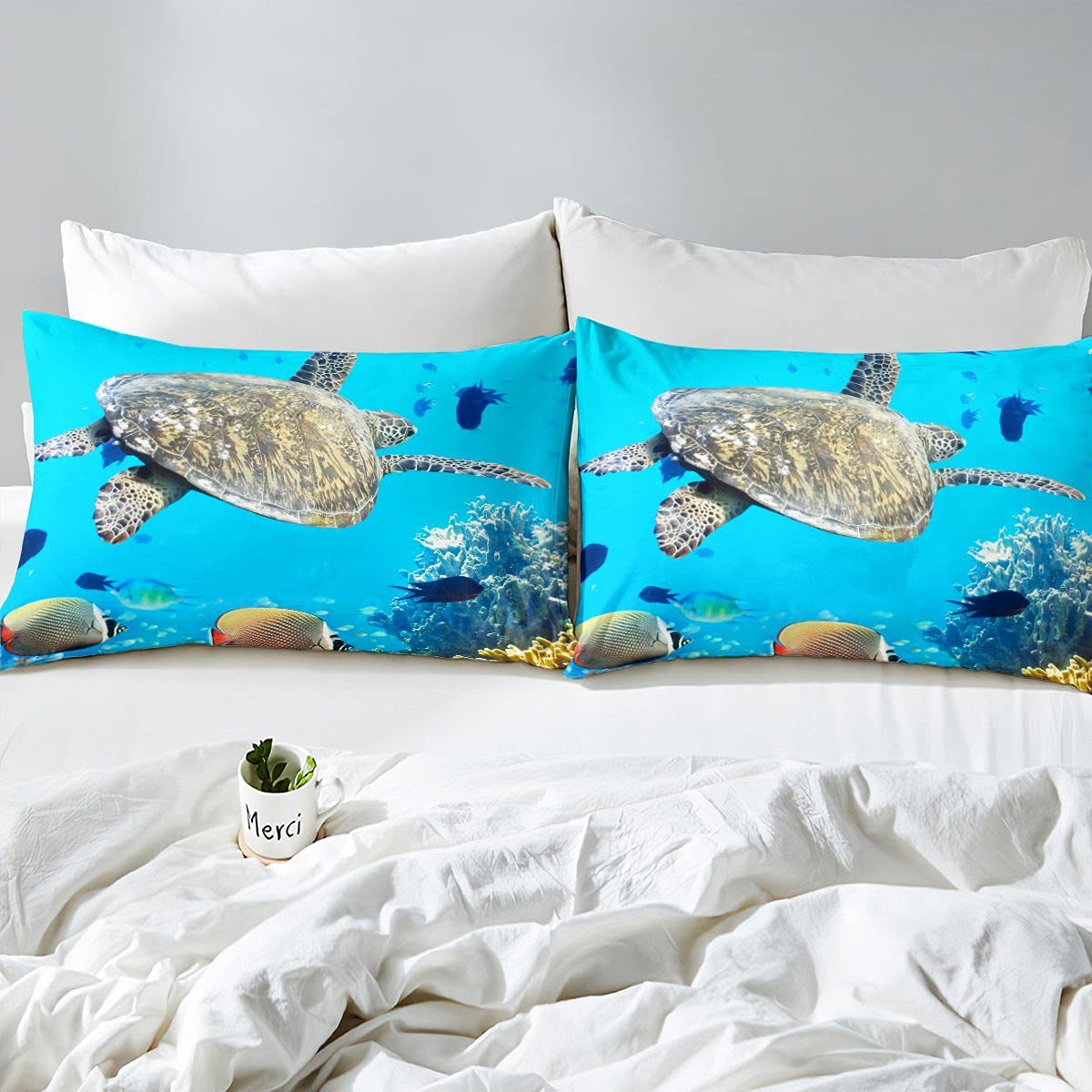 Set di biancheria da letto per bambini e bambine, 100% cotone, motivo tartaruga marina, con motivo floreale con stampa di tartaruga marina, arcobaleno, meduse, corallo, acquerello, con 1 federa