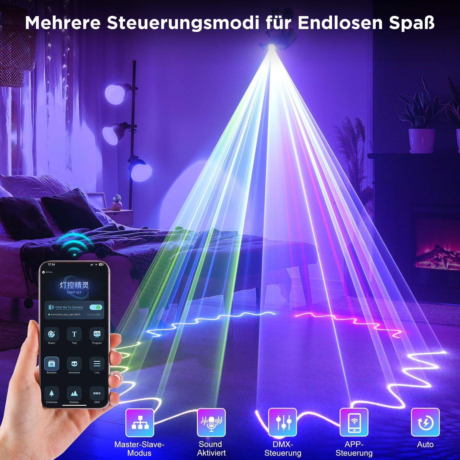 luce da festa, animazione 3D faidate luce da discoteca DJ con app Bluetooth, luce di animazione e DMX512, adatta per feste, club, bar, Halloween, Natale