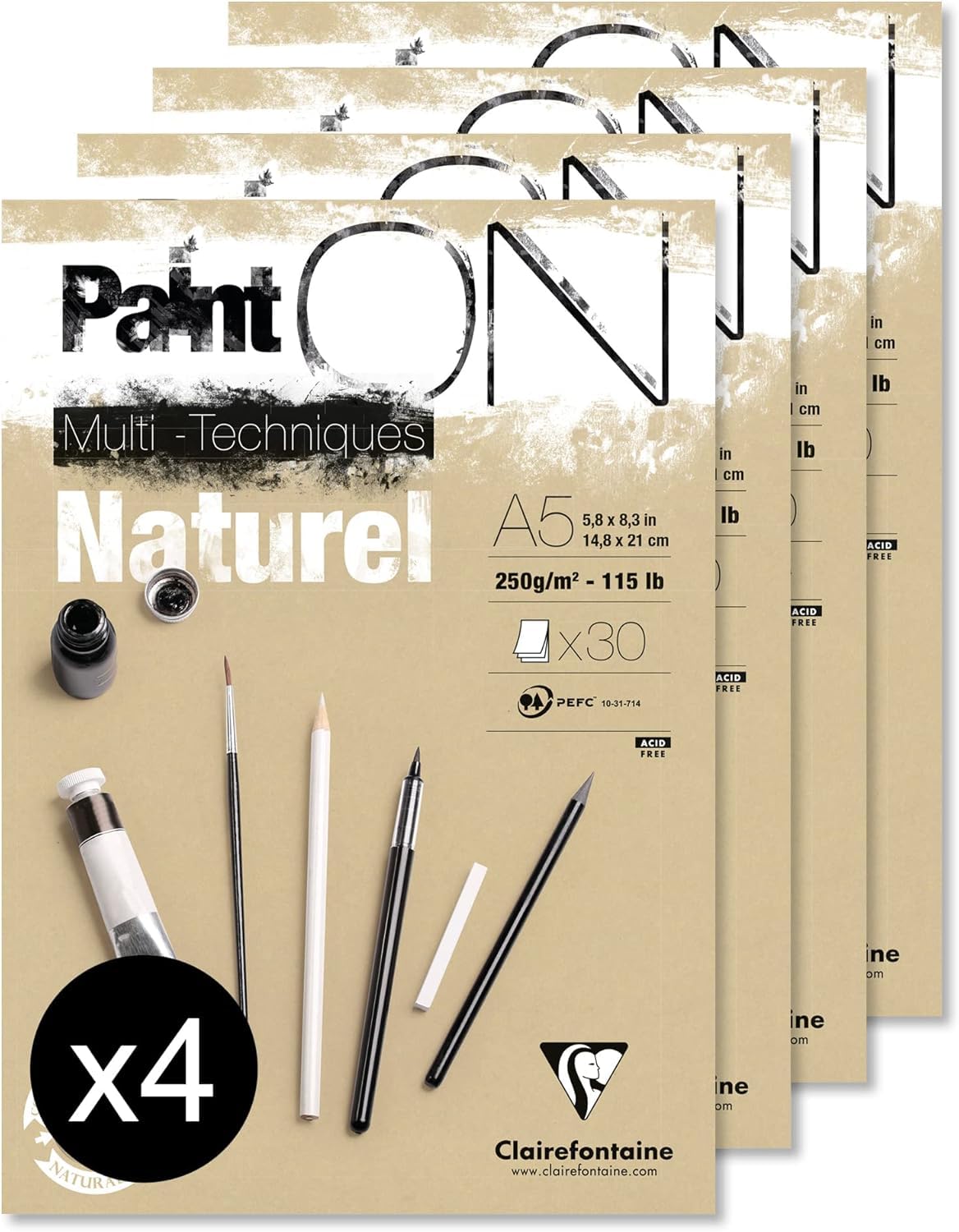 Clairefontaine 96539C - Un bloc encollé de papier dessin Paint'On 30 feuilles 14,8x21 cm 250g, Naturel- Paquet de 4 blocs