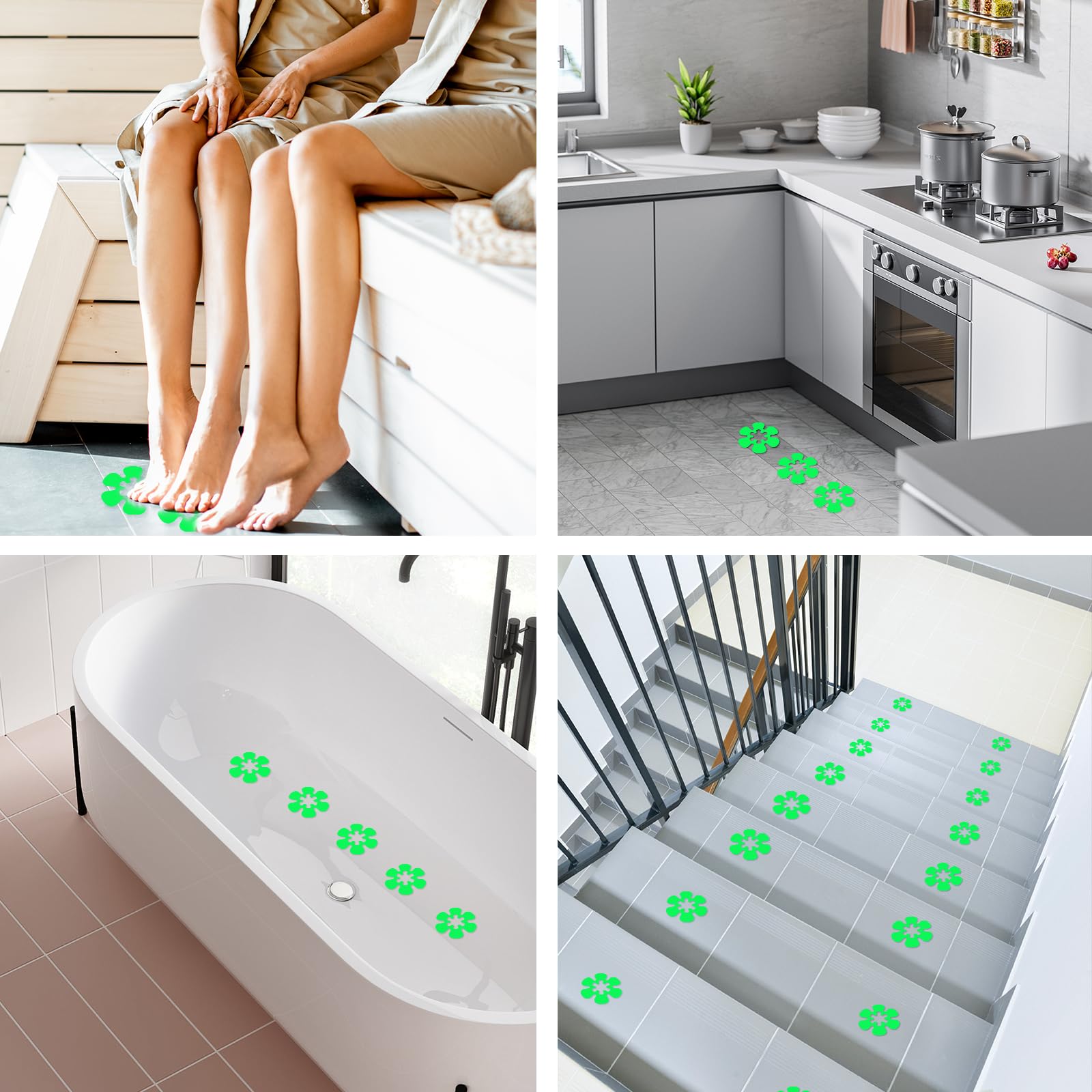 24 Autocollants Antidérapants Lumineux - Forme Fleur - Pour Salle De Bain, Douche, Escaliers - Adhésifs PEVA - Vert
