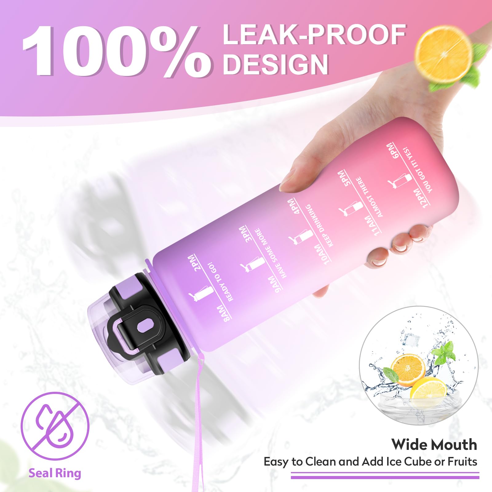 Borraccia 1L, Bottiglia con Indicatore del Tempo Motivazionale, Bottiglia con Cannuccia, Riutilizzabile, senza BPA, A Prova di Perdite, per Fitness, Scuola, Ufficio, Ciclismo, Alpinismo, Yoga