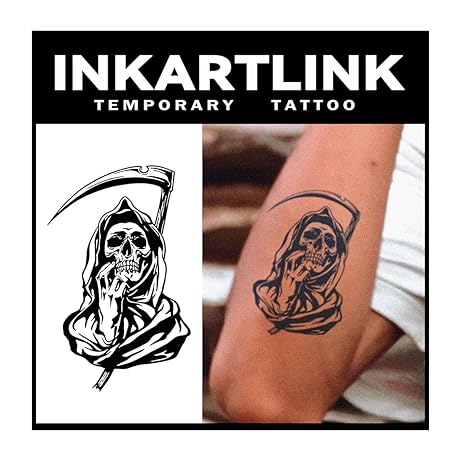 INKARTLINK Tattoo Tech, 2 Sheets Medium Semi Permanent Tattoo, Adult Art Design Temporary Tattoos, Lasts 1-2 Weeks, Waterproof, Realistic Look, No Adhesive, No Reflection (Grim Reaper Design)