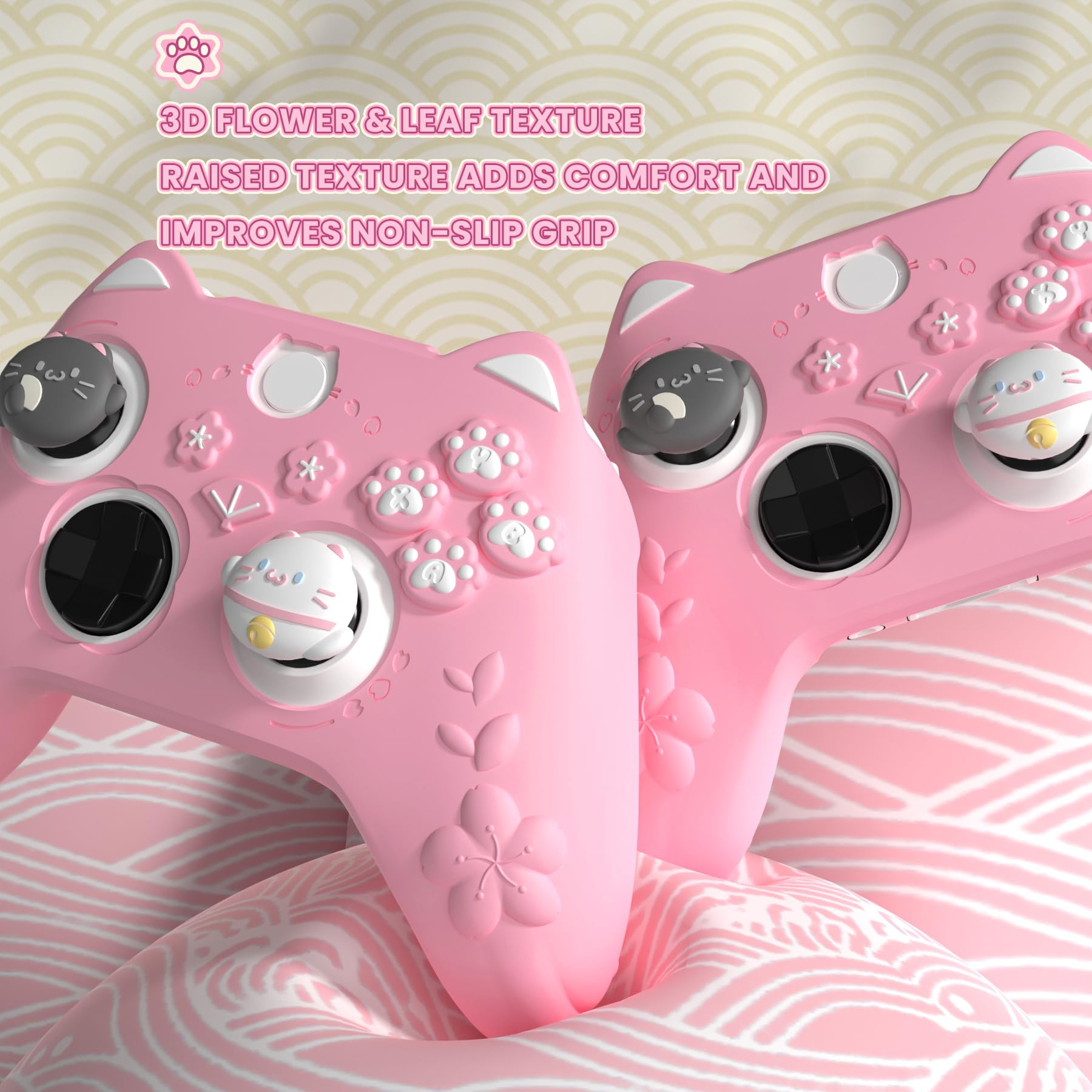 PlayVital Cute Silicone Controller Skin for Xbox Series X/S - Cherry Blossoms Kitten Anti-Slip Grip Protector W/Thumb Grips & Sticker - Soft Rubber Cover for Xbox Core Wireless Controller - Pink - 3
