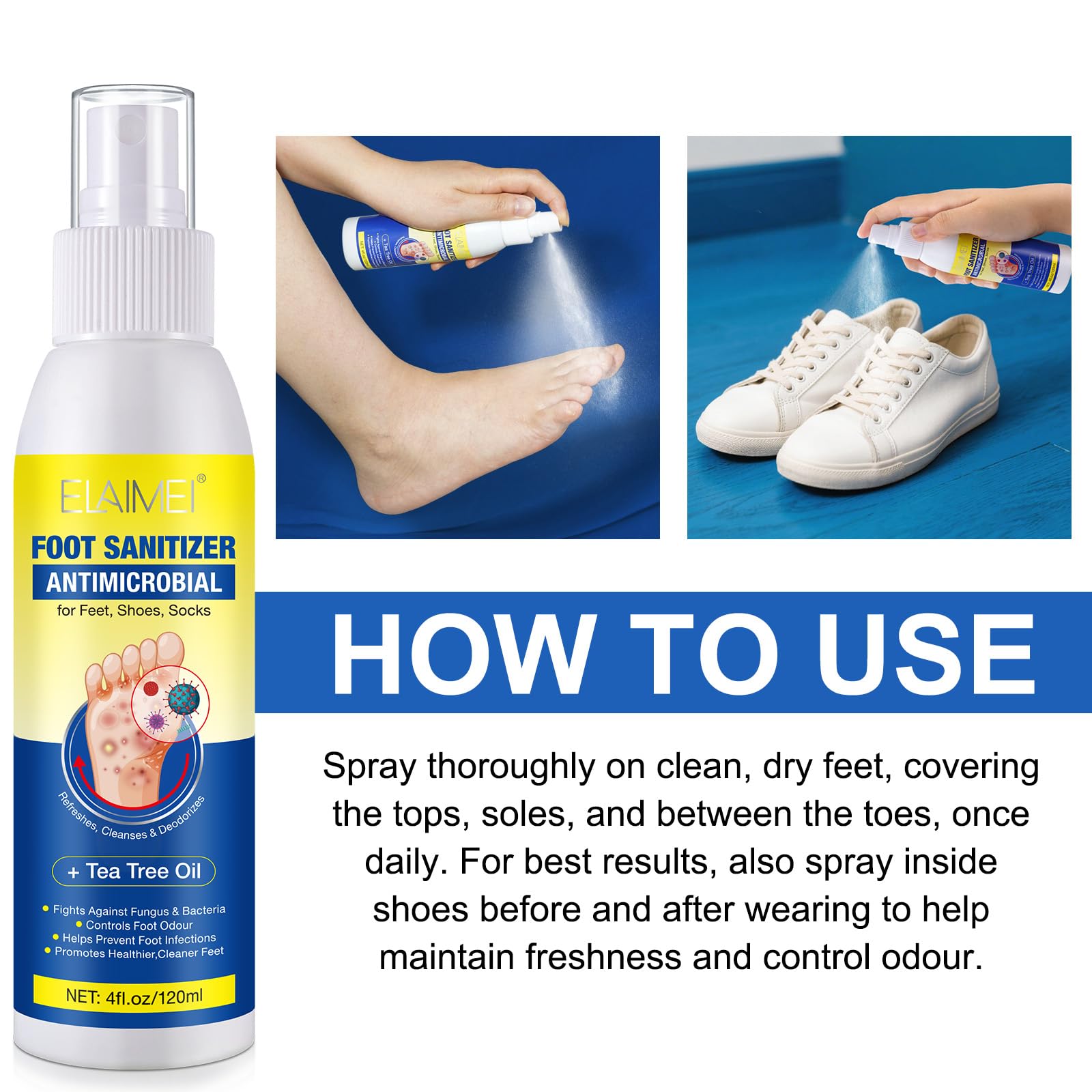 Spray Para Pies, Spray Para El Olor De Pie s Con Aceite De áRbol De Té, PrevencióN Del Pie De Atleta, Alivia La PicazóN Y Protege Contra Los Olores Desagradables, Refresca Los Pies 120ml