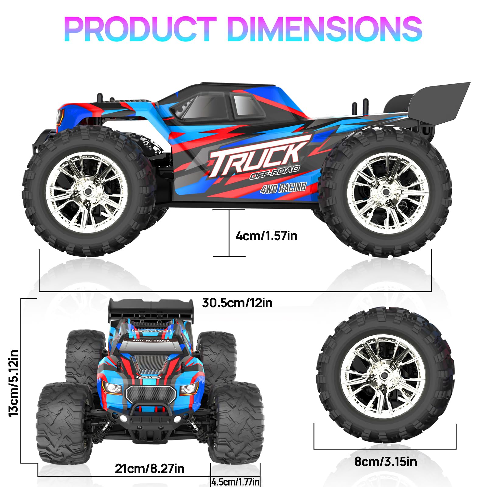 Voiture Télécommandée 40 KM/H, Rapide Monster Truck Télécommandé 4WD Échelle 1:16 pour Adultes, Voiture RC Tout Terrain 4x4 avec 2 Batteries, pour Enfants Garçon