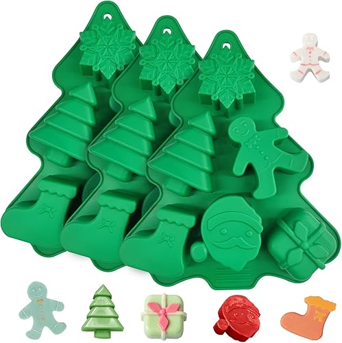 Miniatura 1 de EDUEE Molde de silicona de Navidad, 3 moldes de silicona para tartas, árbol de Navidad, copo de nieve, Papá Noel, caja de regalo, forma de calcetín