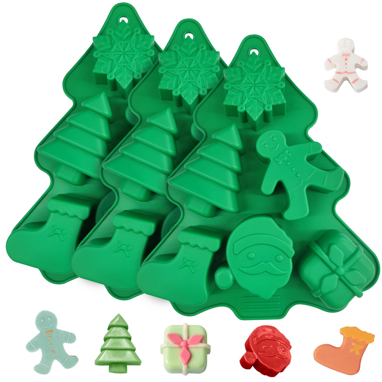 EDUEE Christmas Silicone Mold 3pcs Silicone Cake Molds Christmas Tree Snowflake Santa Claus Sock Gift Box Sock Shape for Soap, Chocolate, Ice Cube,