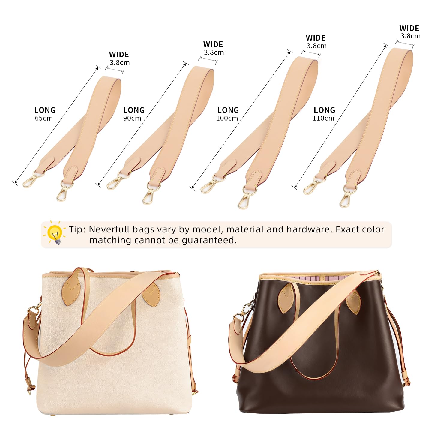 DGAZ Tracolla in Pelle Vacchetta per Borsa Neverfull, Cintura di Ricambio per Tracolla Extra Lunga – Crossbody, Larghezza 3,8 cm, Lunghezza 110 cm, con Confezione Regalo (Beige)