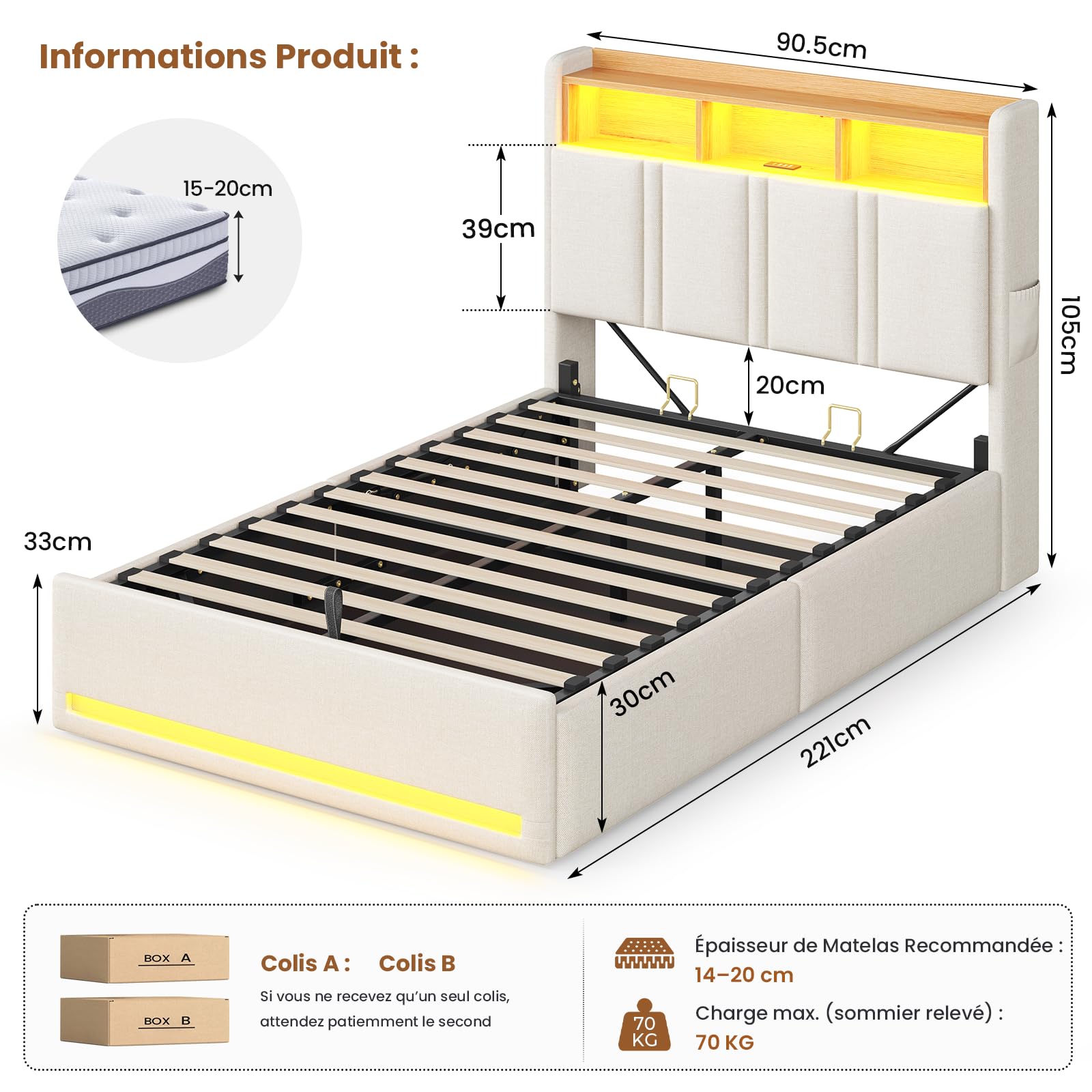 AOGLLATI Letto Singolo con Contenitore Idraulico 90x200 cm, Letto Singolo Imbottito con Ampio Spazio di Stivaggio, Struttura Letto Contenitore con Luci a LED Regolabili e Stazione di Ricarica, Beige