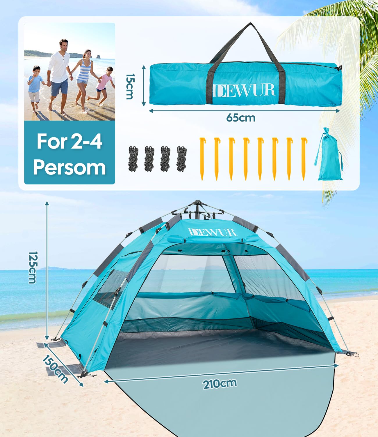 Dewur Tenda da spiaggia per 2-4 persone, pop-up con parasole UPF 50+, protezione solare UV, impermeabile, per famiglie, spiaggia, campeggio, giardino, blu