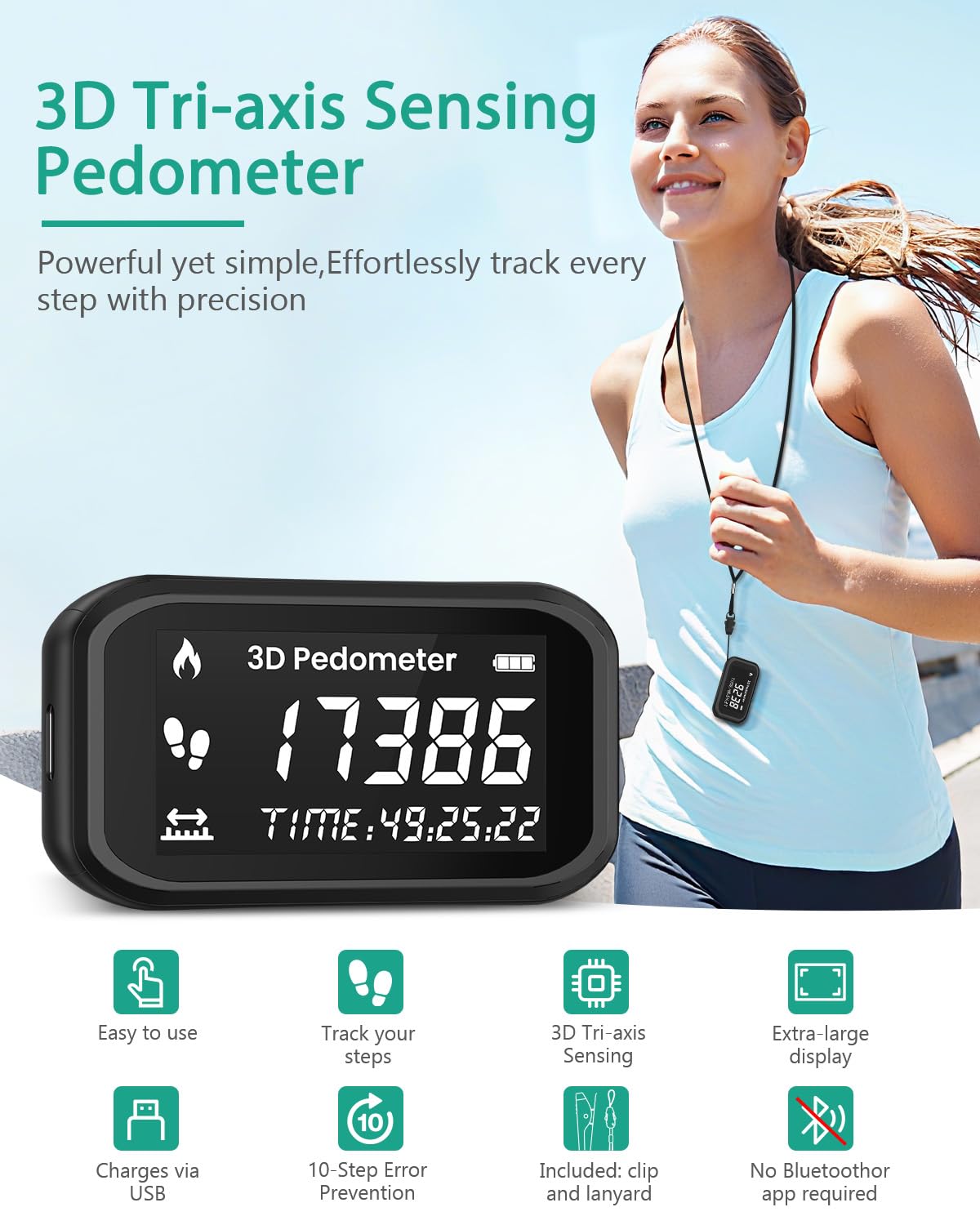 ORIA Podomètre 3D avec Clips et Cordon Compteur de Pas Précision Podomètre étanche Rechargeable Compteur Calories pour Marche Course Sport Natation
