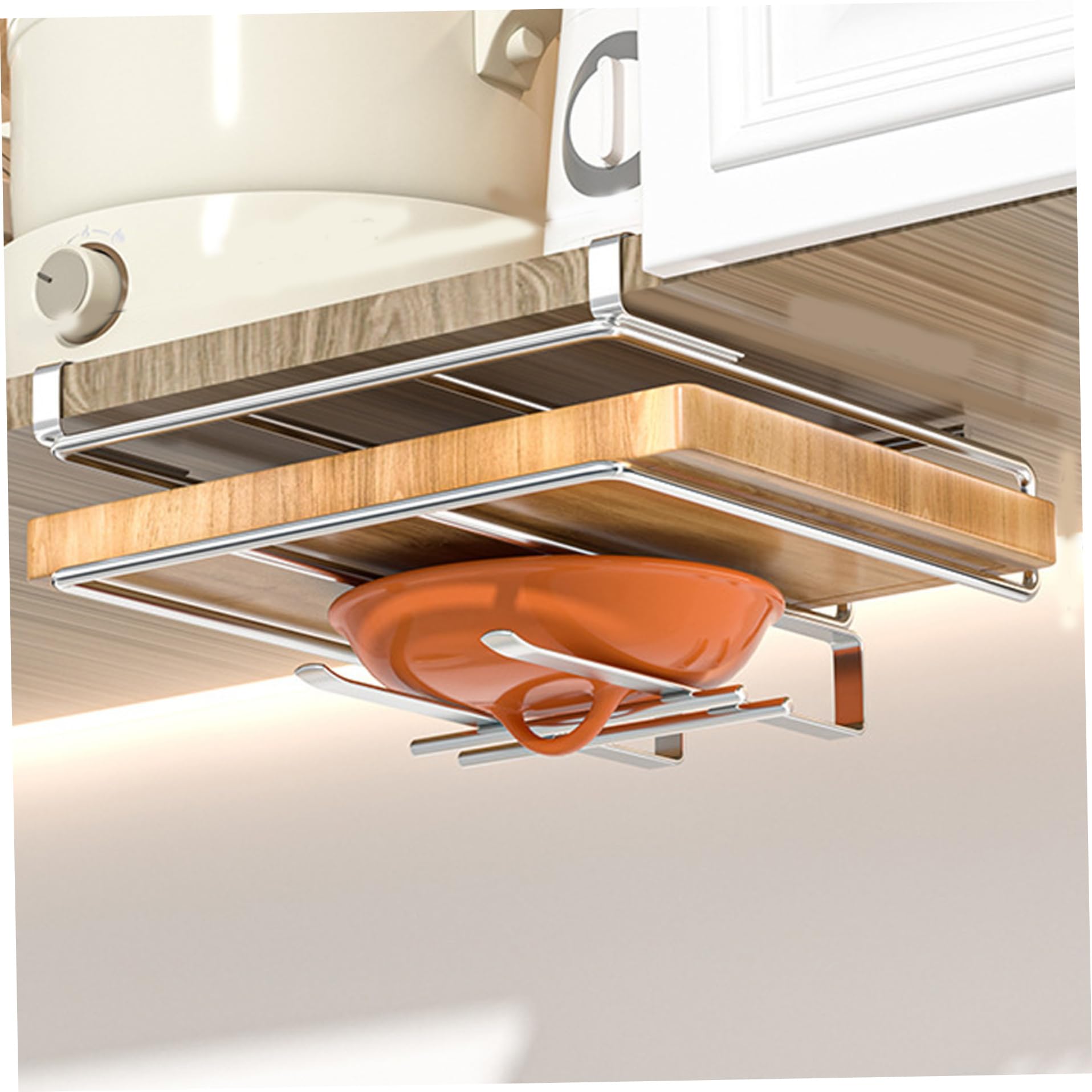 Stainless Steel Under Cabinet Cutting Board Holder - Polished Heavy Duty Vertical & Horizontal Cutting Board Rack, Punch-free, Pan Lid Holder