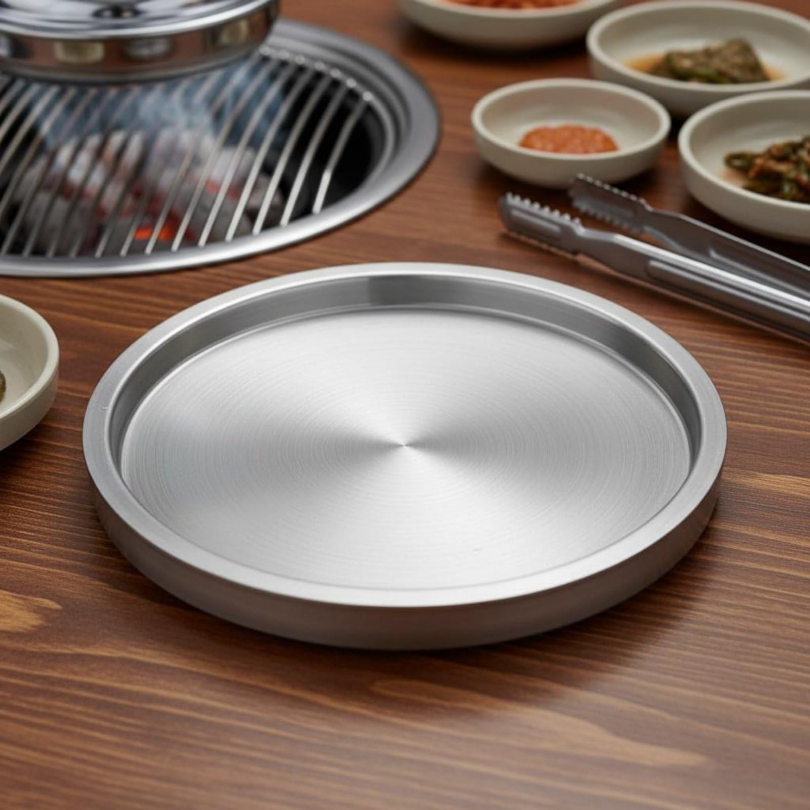 Colcolo Bandeja de Acero Inoxidable de Cocina Plato Redondo de Doble Capa con Acabado Cepillado y Pulido Fácil Limpieza Uso en Restaurante Barbacoa Reuniones Familiares, Vintage, 38CM