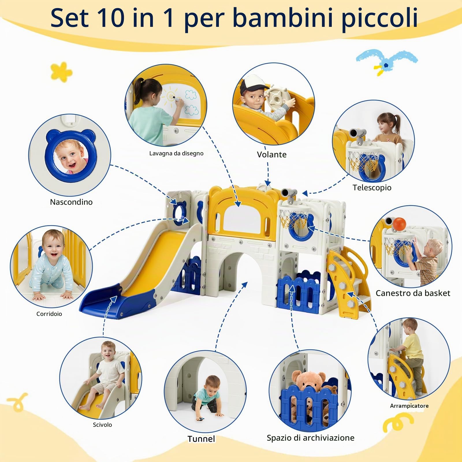 MAMIZO 10 in 1 Scivolo per Bambini, Scivolo Giocattolo da Interno o Esterno Canestri da Basket e Telescopi, Scivolo da Giardino Spazio di Deposito e Tunnel, mit 4PCS Moduls, Blu Giallo