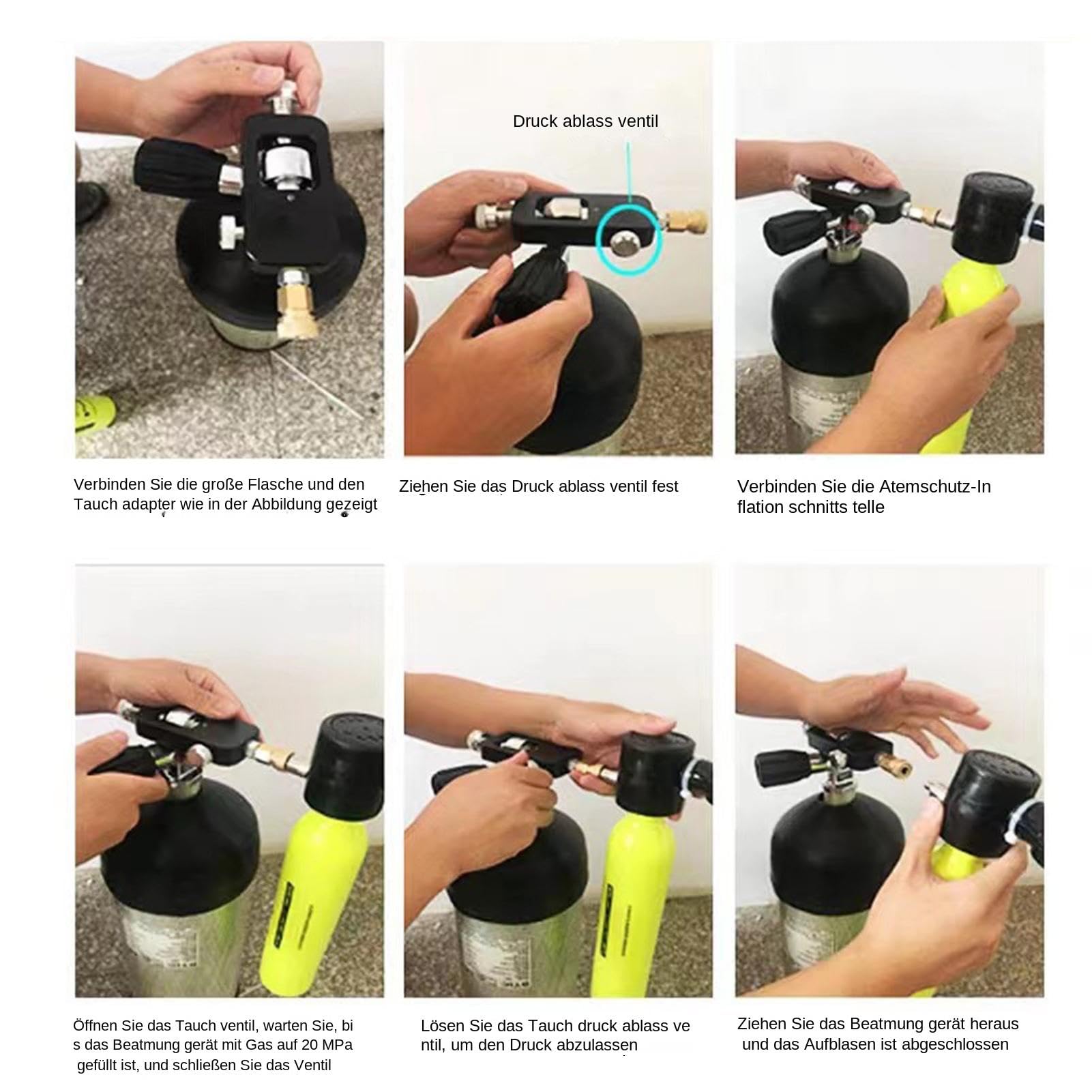 Tauchausrüstung, Tauchflasche, Sauerstoffadapter, Schlauch und Messgerät zum Nachfüllen von Tauchflaschen, Nachfüllausrüstung für Tauchgeräte mit Messgerät, Adapter für Tauchsauerstoffflaschen, Adapte