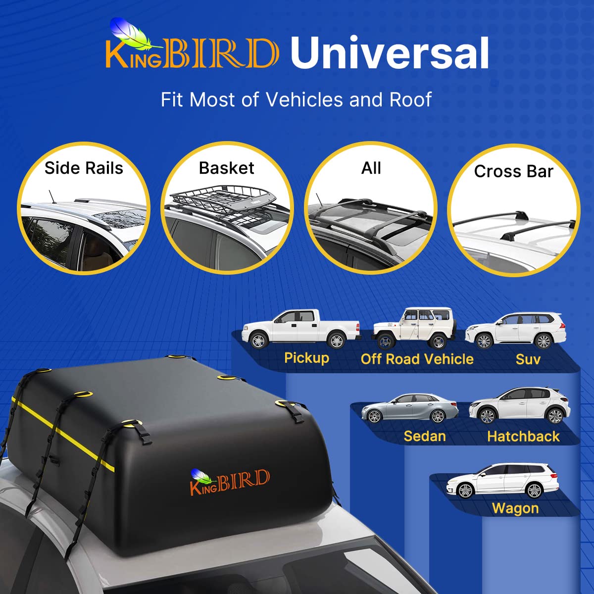 KING BIRD Rooftop Cargo Carrier Bag, 15 Cubic Feet 100 Waterproof Car