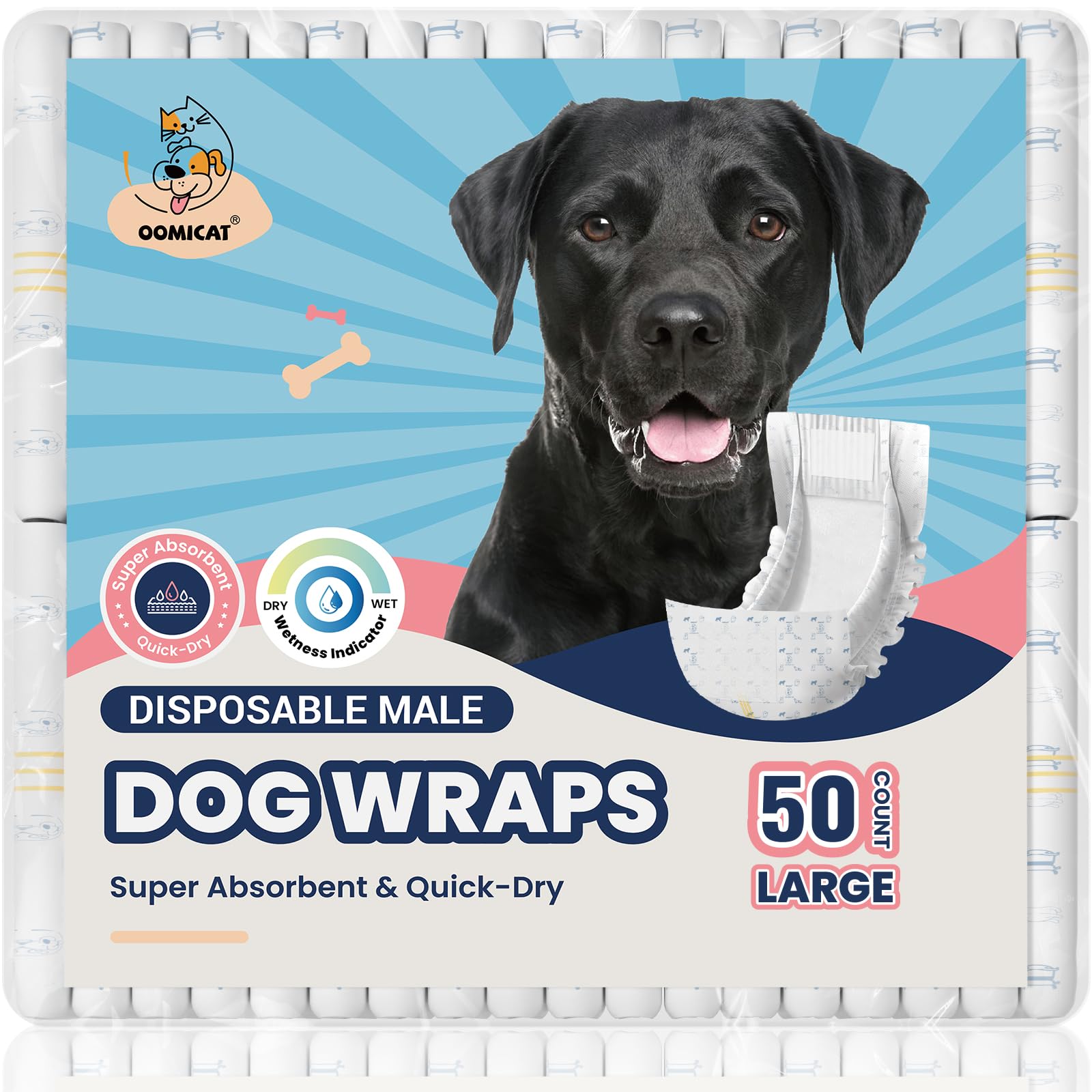 Hundewindeln für männliche Hunde, groß, 50 Stück, super saugfähig, mit Nässeindikator, weiches Perlgewebe, Vliesstoff, passend für Golden Retriever, Labrador, Husky