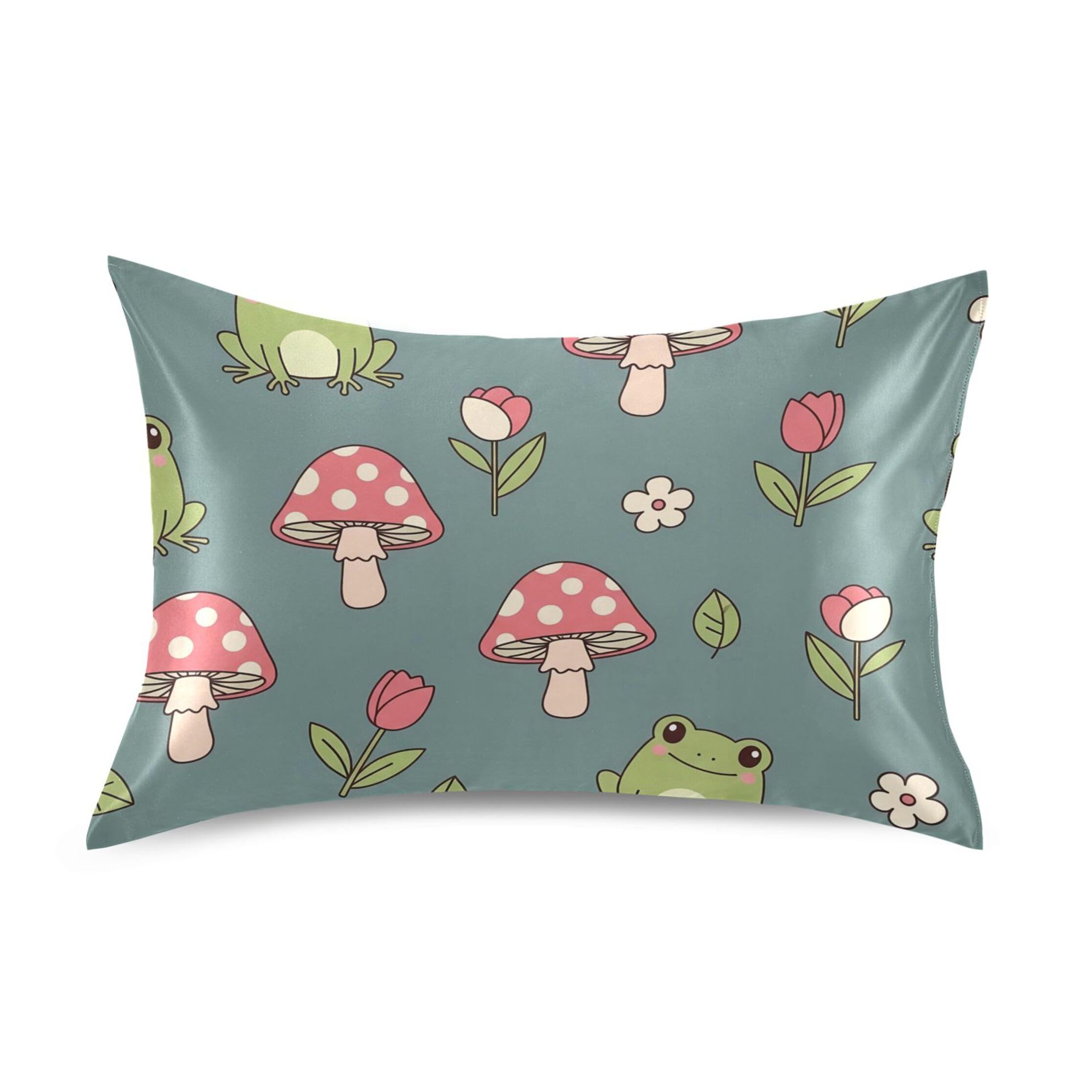 Fuauuyl Pillowcase Queen Size 20x30 in, Mushrooms Frogs Soft Breathable Satin Pillow Case for Hair and Skin with Envelope Closure Wrinkle-Free