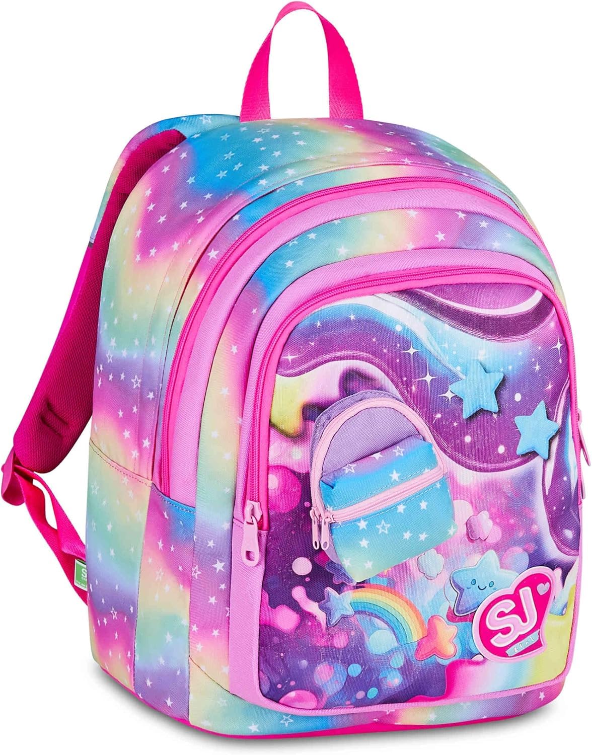 SJ GANG STYLE JAM GANG Zaino Scuola Advanced SOFT POUCH GIRL, Doppio Scomparto, Applicazione zainetto 3D su tasca frontale, Tasca laterale portaborraccia. CON ASTUCCIO 3 ZIP COMPLETO DI COLORI