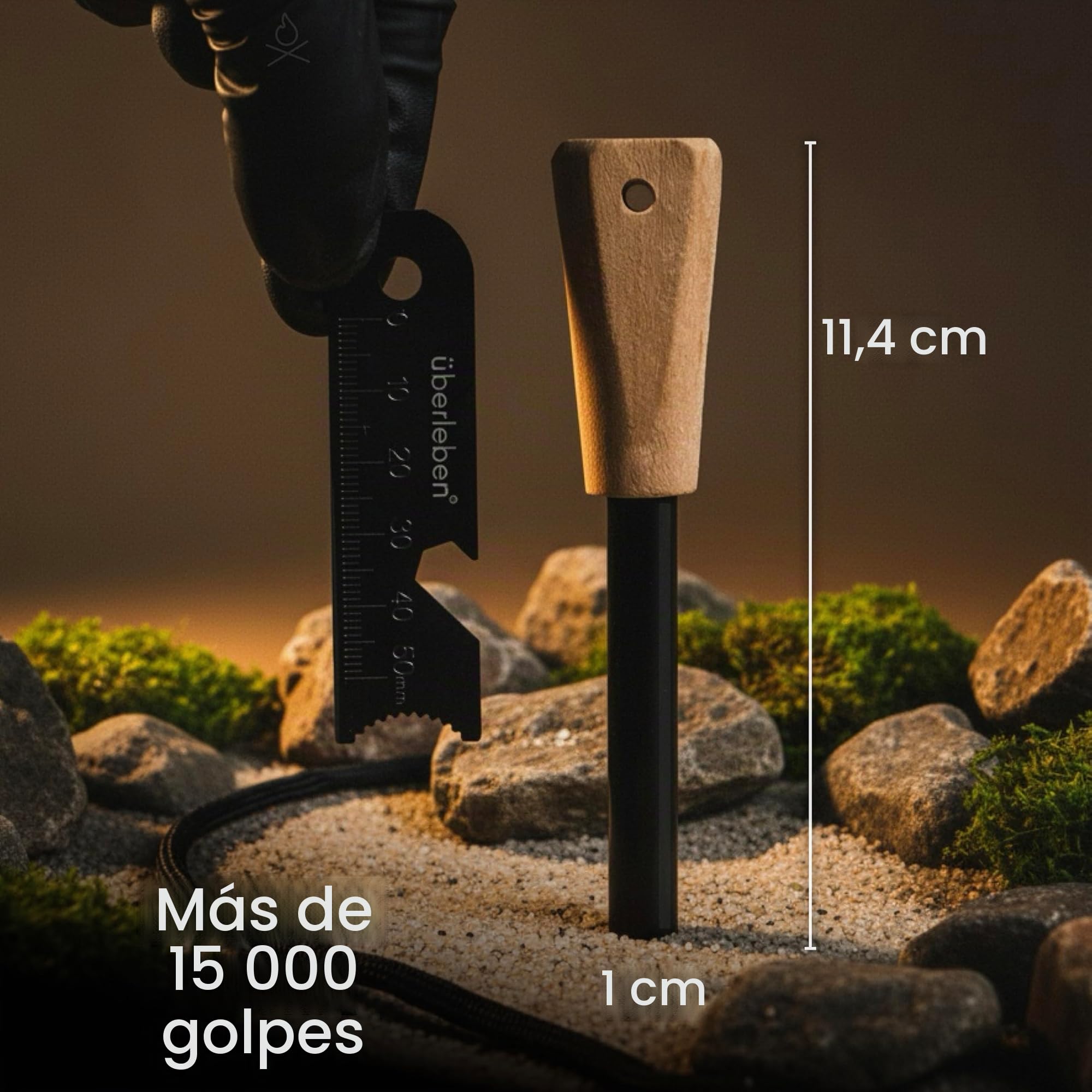 überleben Pedernal iniciador de Fuego con Mango de Madera Hecho a Mano (Varilla de Hierro y Cuello de Supervivencia Tradicional) 12,000-20,000 Golpes