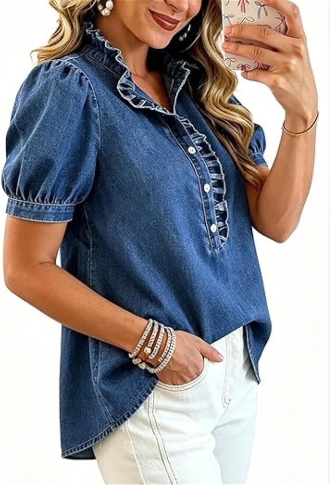 Blusa de Jean con Volantes y Botones para Mujer, Blusa de Mezclilla con Volantes, Manga Abullonada y Peplum, Blusas con Volantes para el Verano