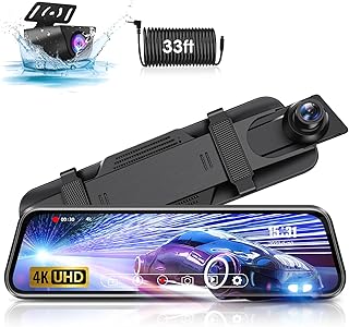 Upgraded 4K 10'' Rear View Mirror Camera Mirror Dash Cam Front and Rear Touch Screen Smart Rear View Mirror Backup Camera 1080P Super Night Vision Parking Monitor Reverse Assist with 32ft Cable