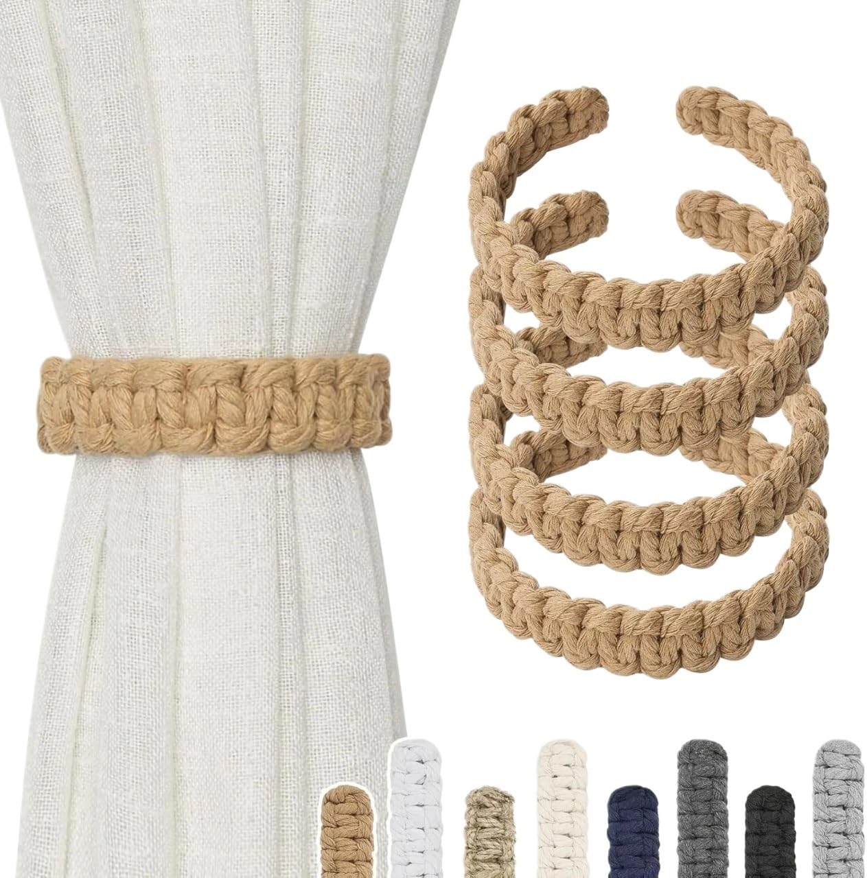 Jute Braided Curtain Holdback Rope Tiebacks For Decorative Holdbacks Fashion Woven Hanging Home Decor(Brown-8PCS)